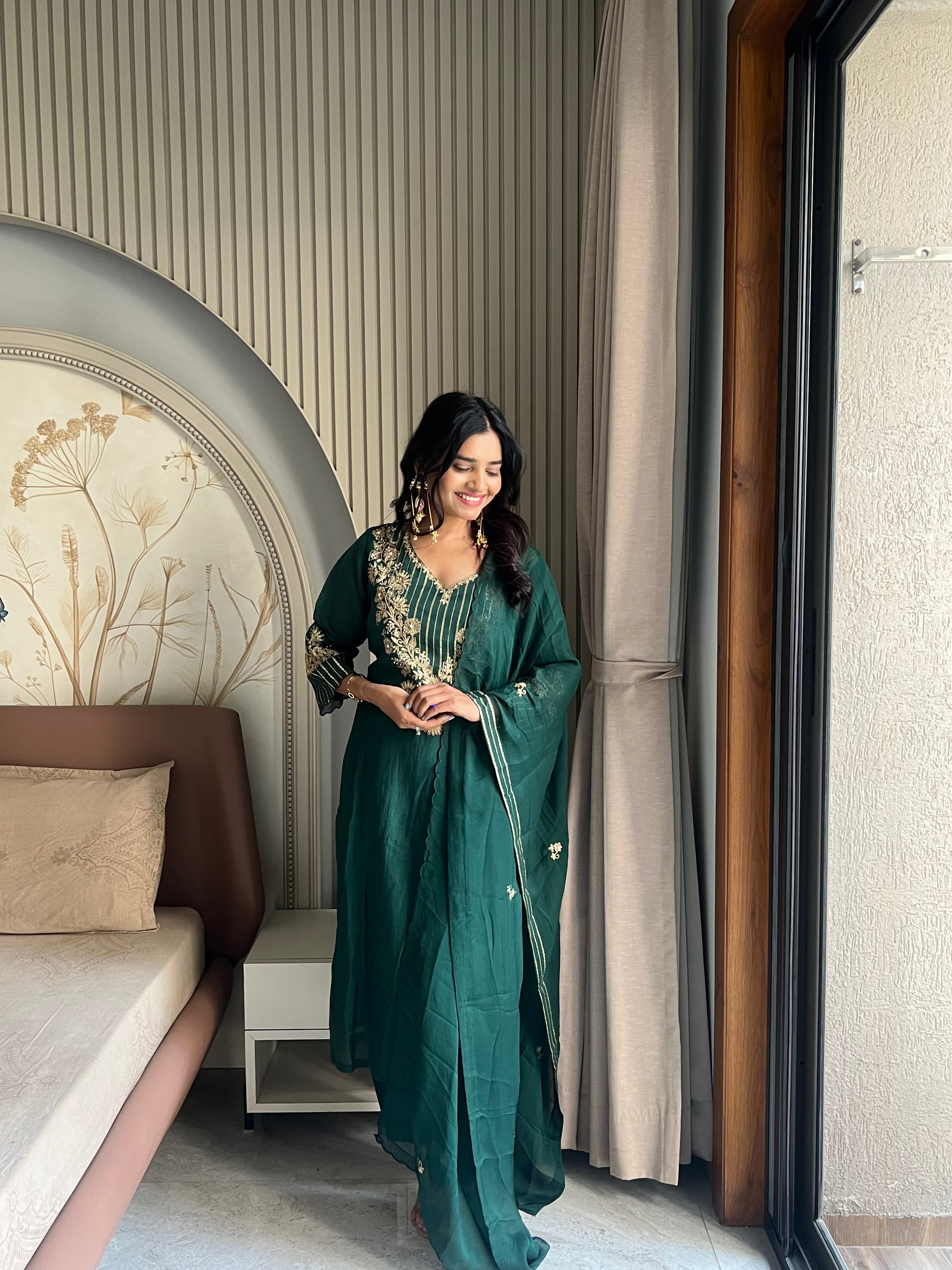 Mul chanderi Green suit set