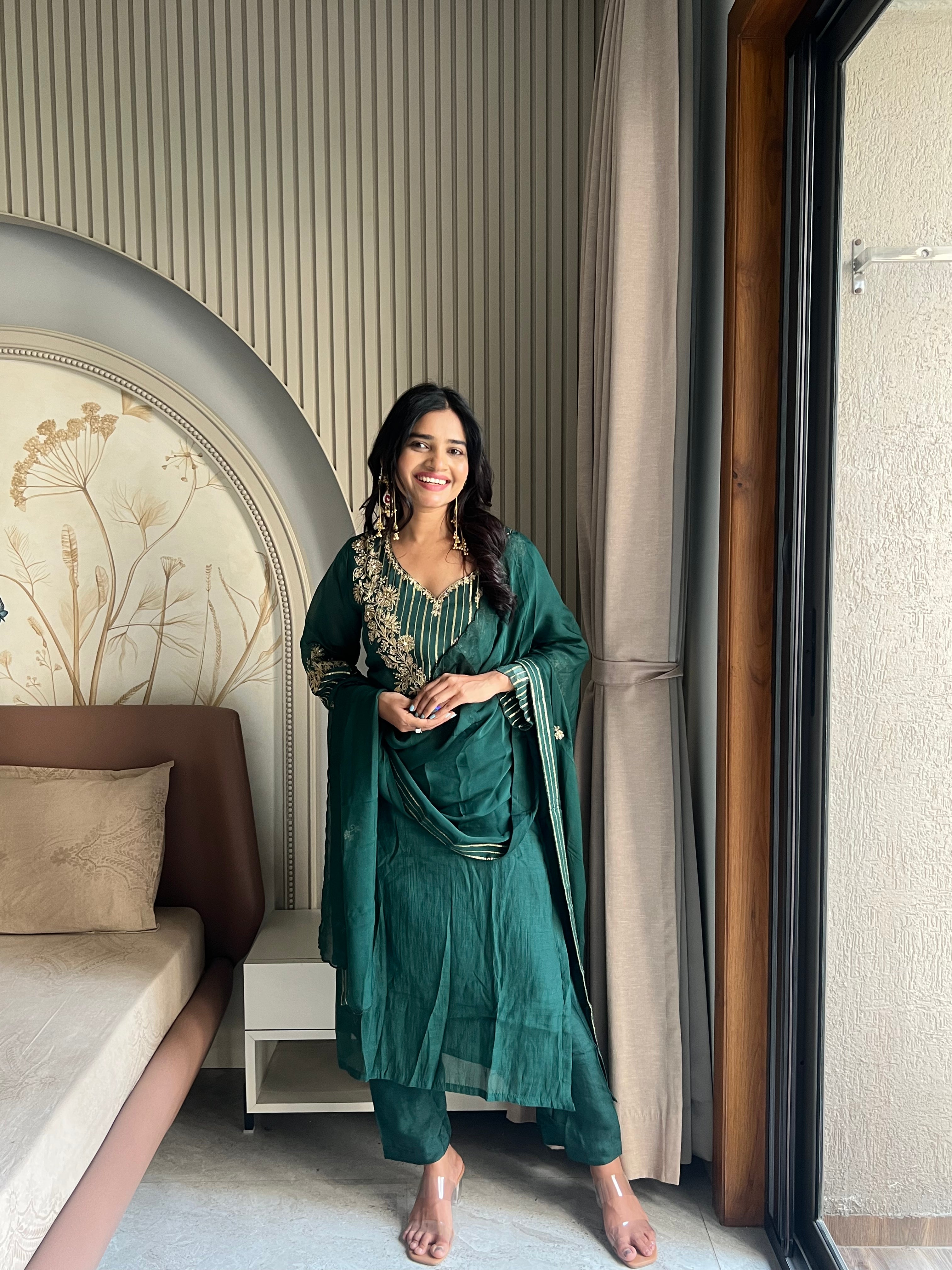 Mul chanderi Green suit set
