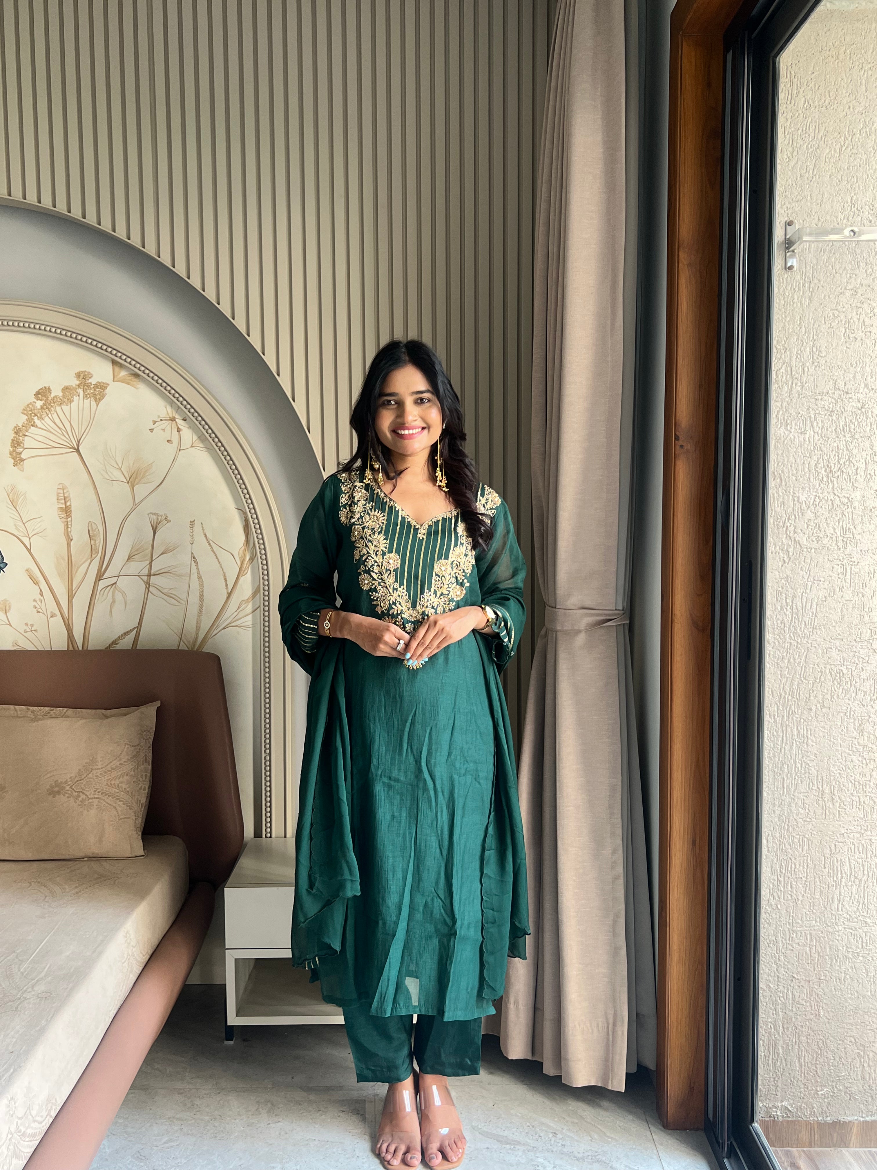 Mul chanderi Green suit set