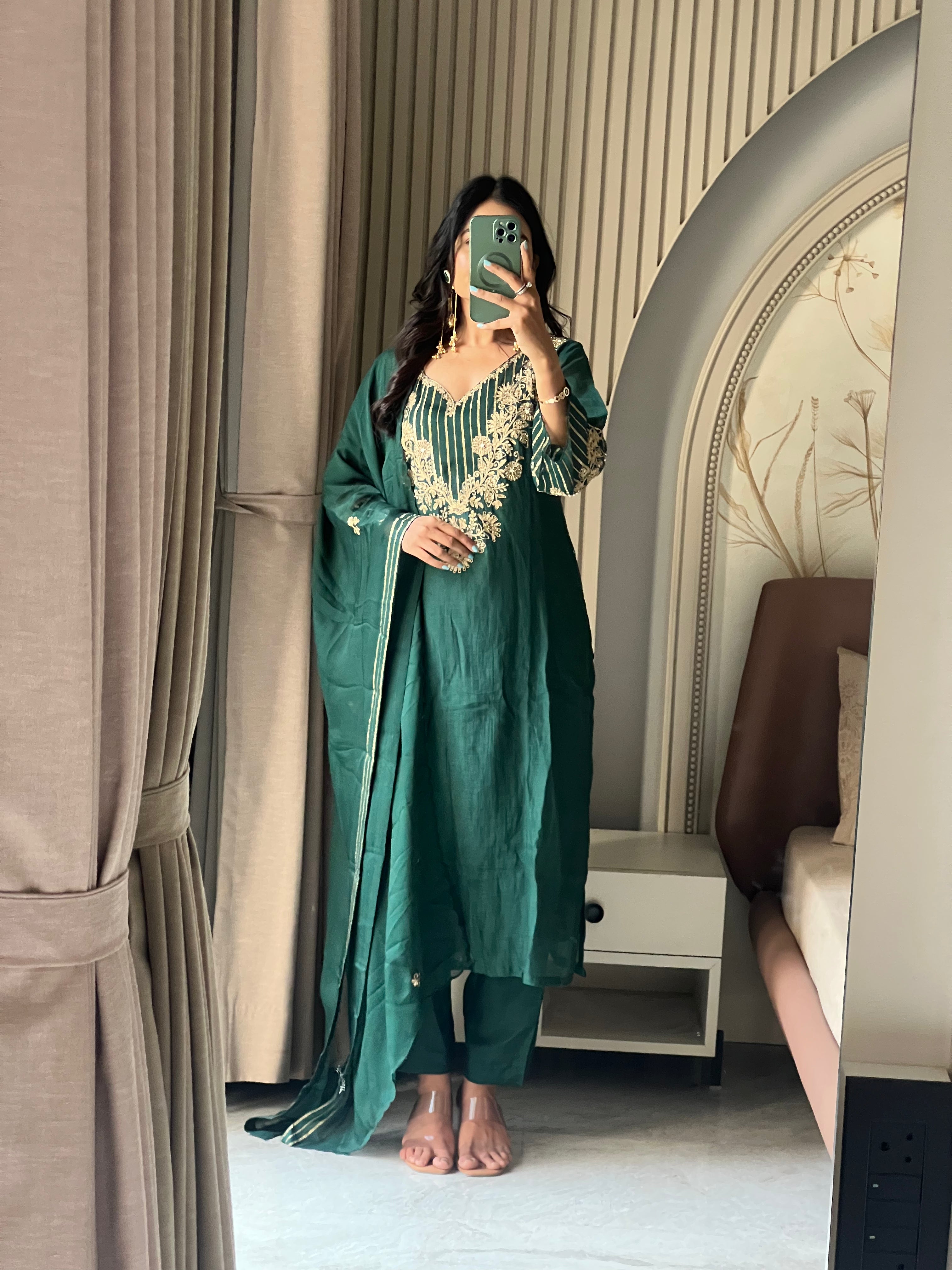 Mul chanderi Green suit set