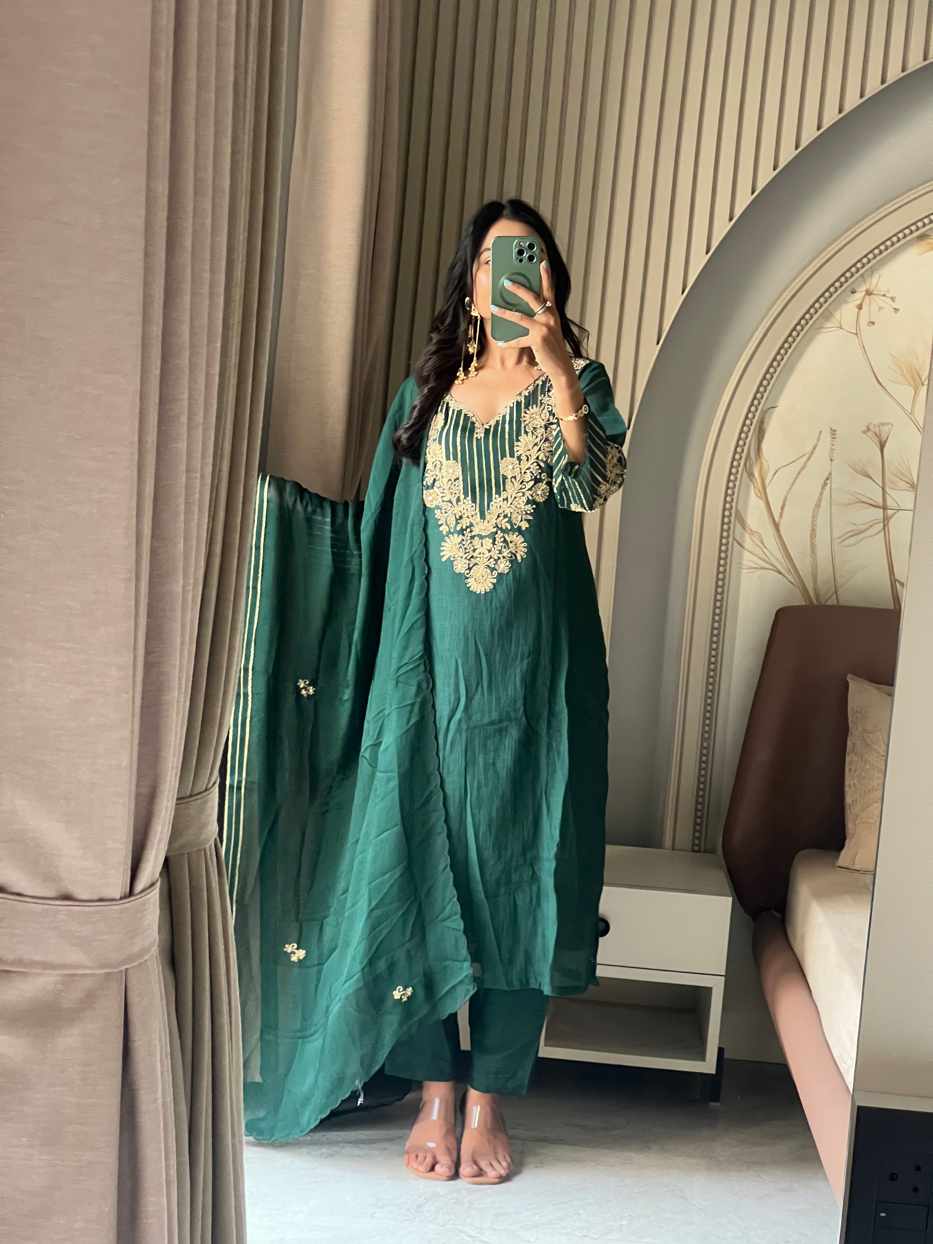 Mul chanderi Green suit set