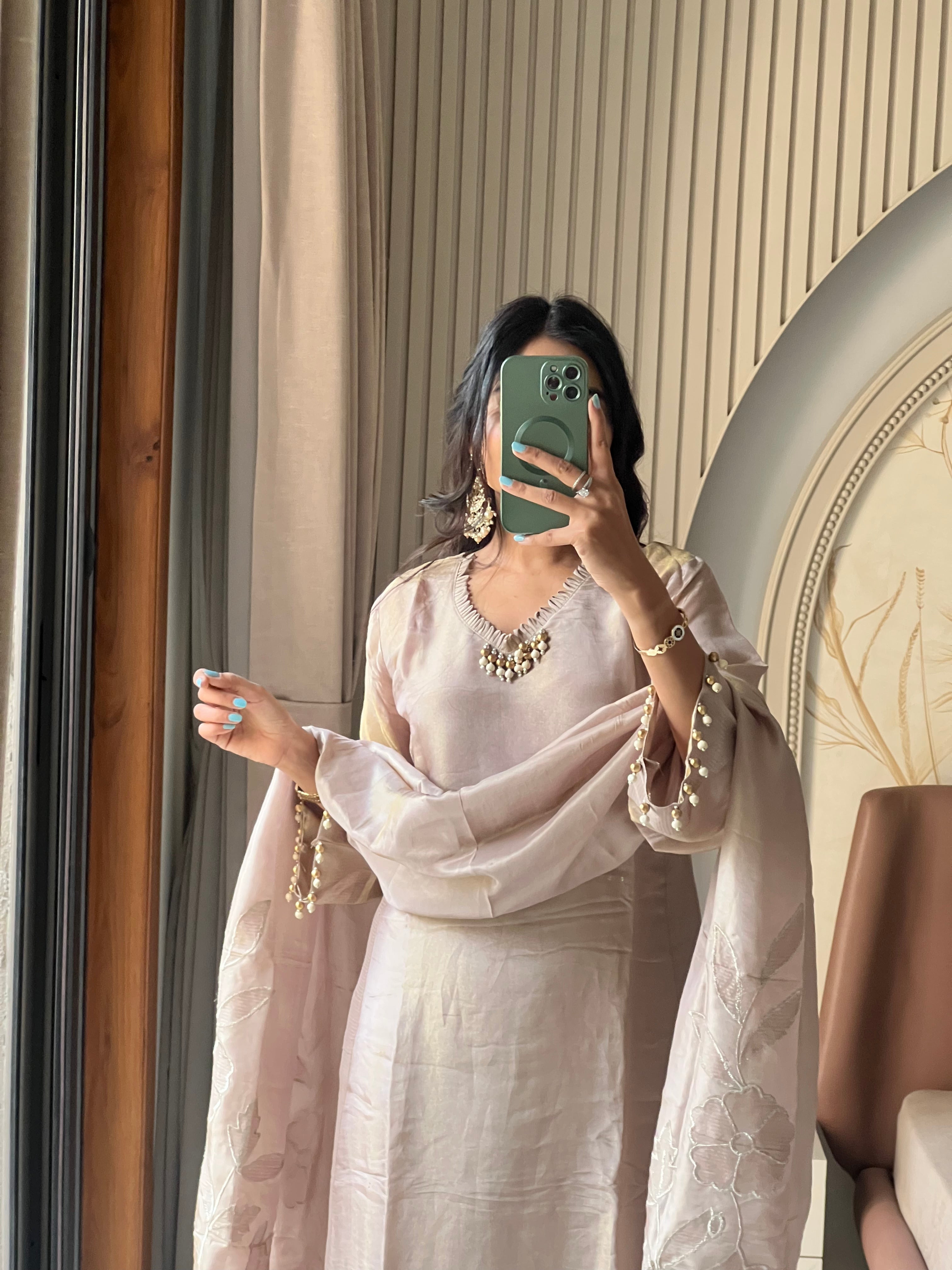 Grey tissue suit set with embroidered dupatta