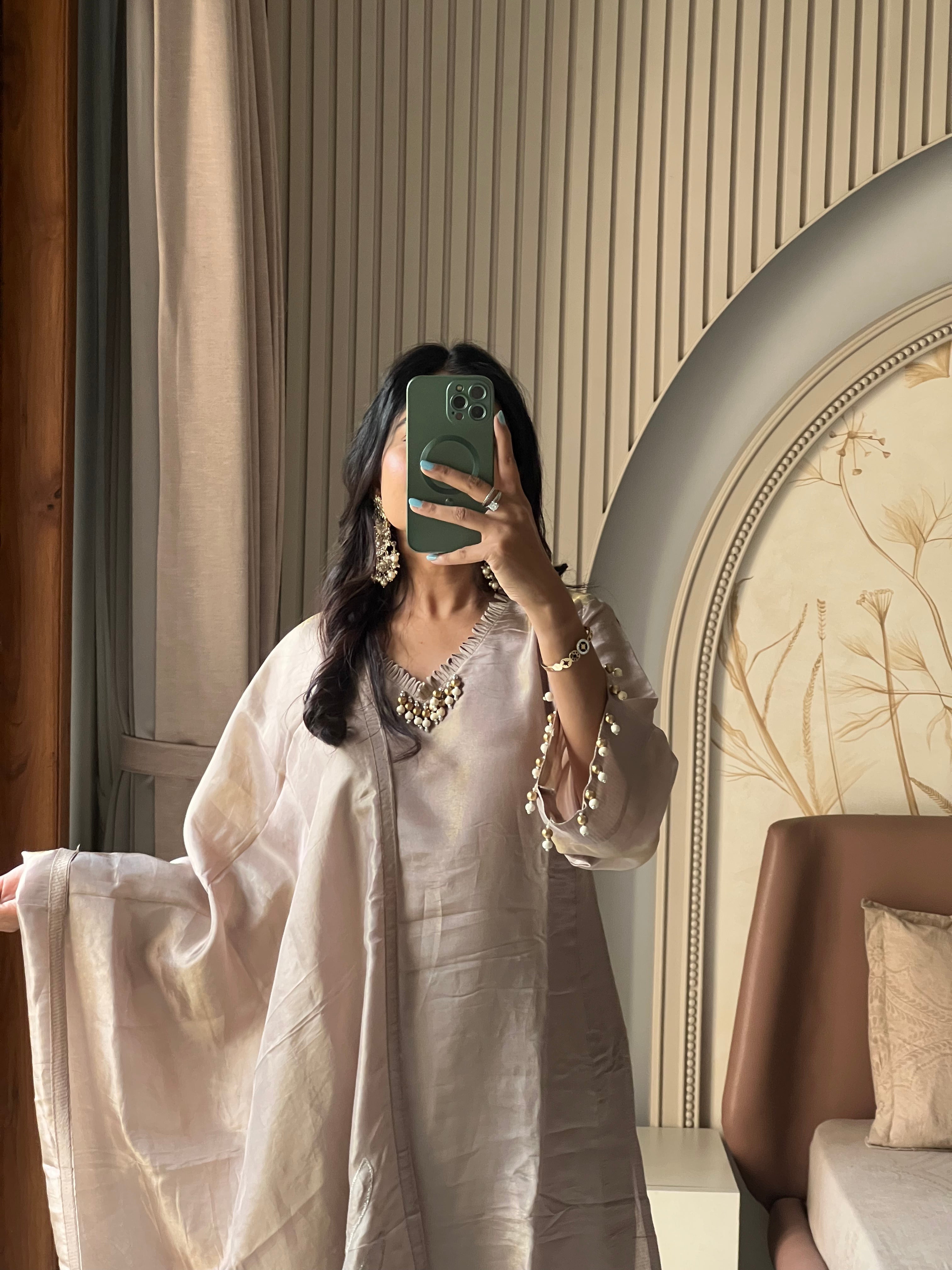 Grey tissue suit set with embroidered dupatta