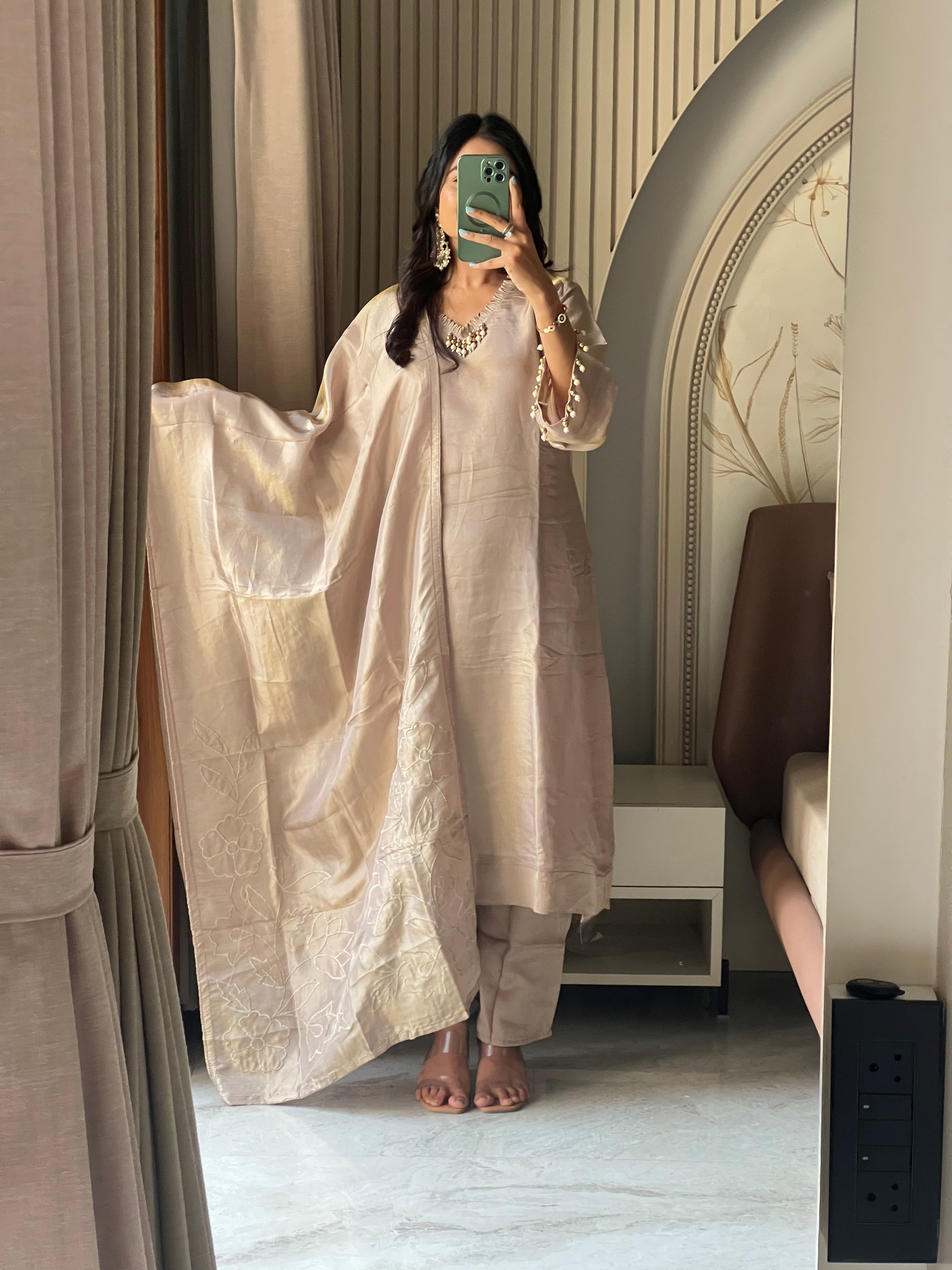 Grey tissue suit set with embroidered dupatta