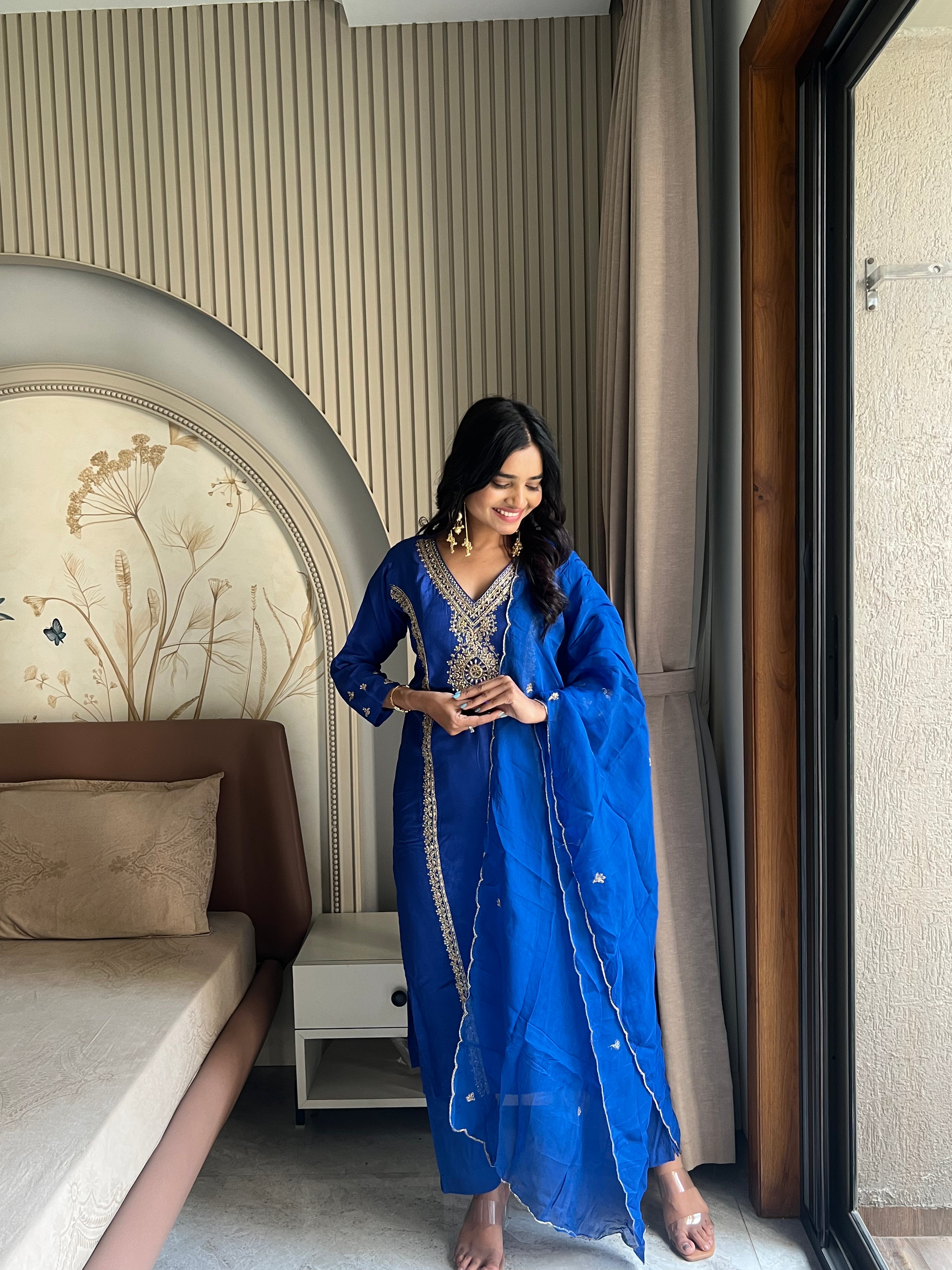 Royal blue silk kurti set