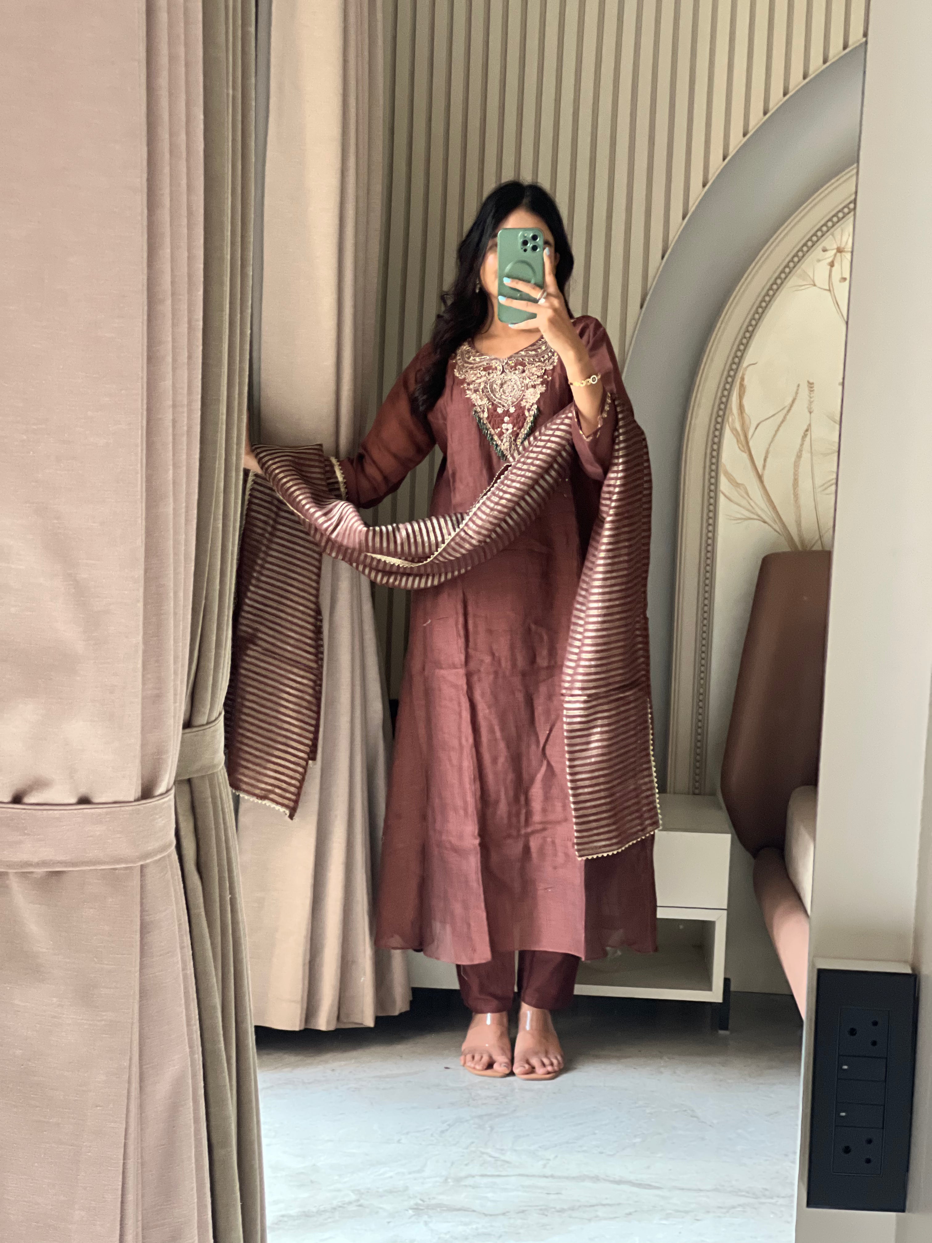 Brown Mul chanderi suit set