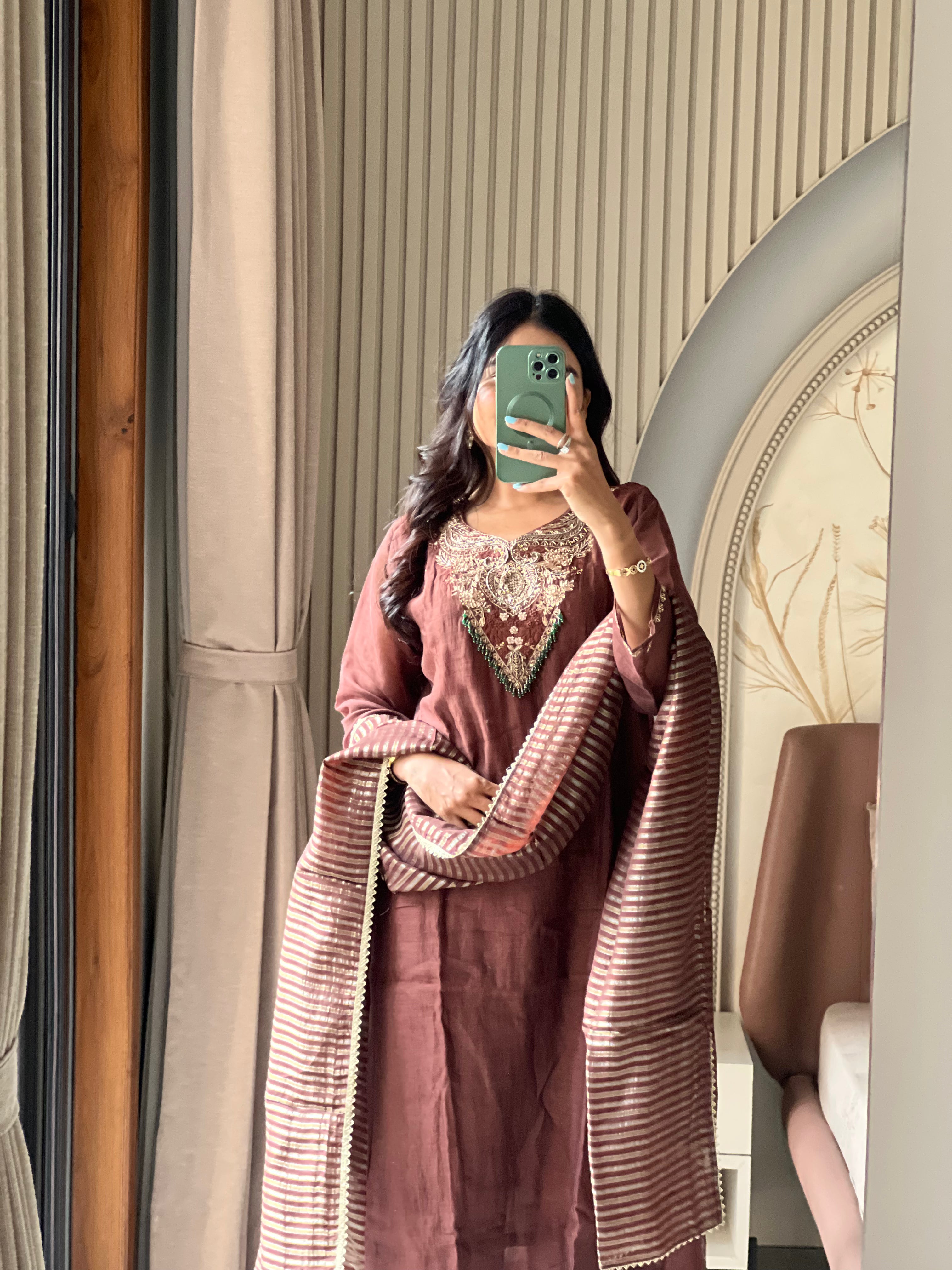 Brown Mul chanderi suit set