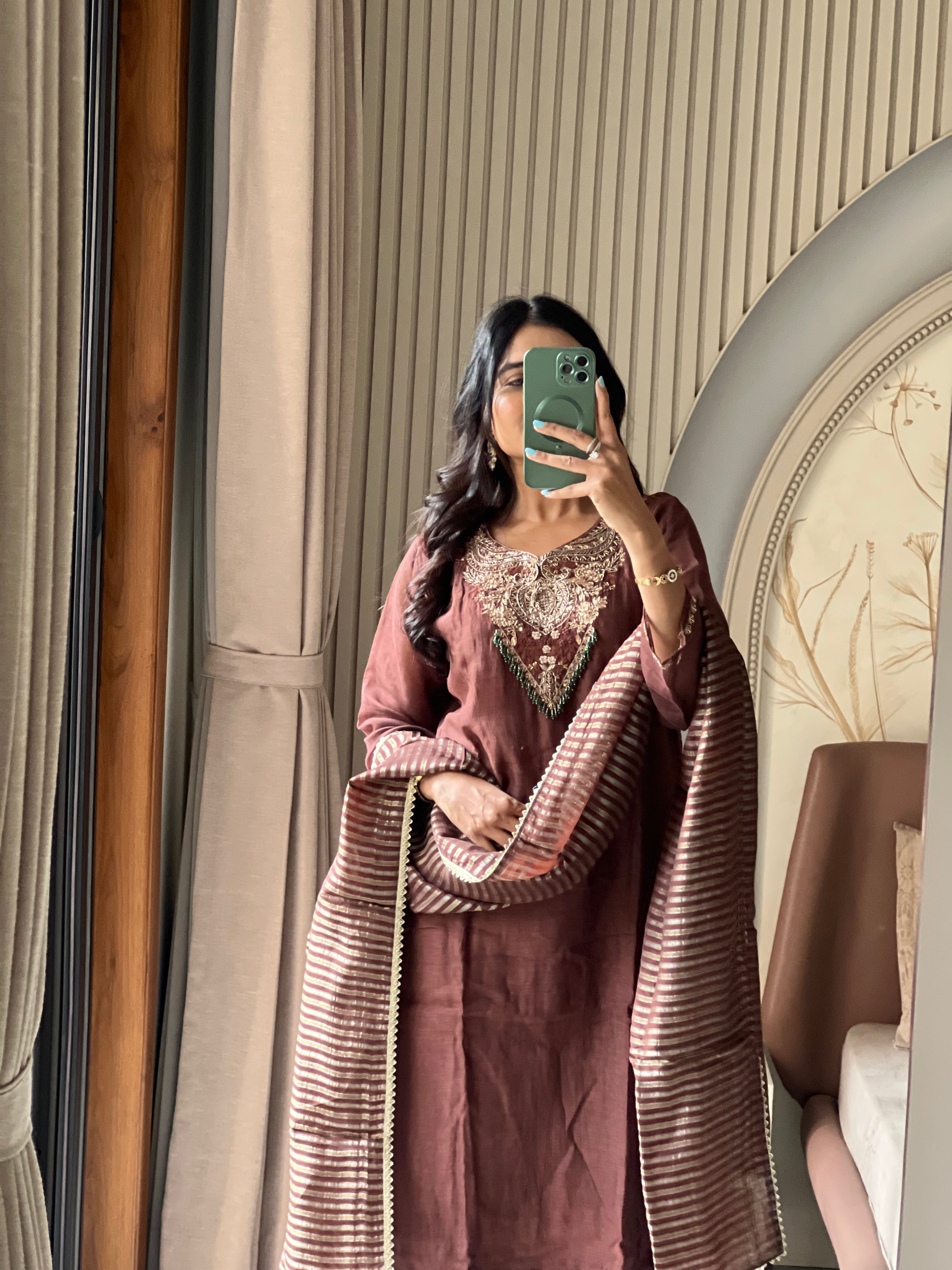 Brown Mul chanderi suit set