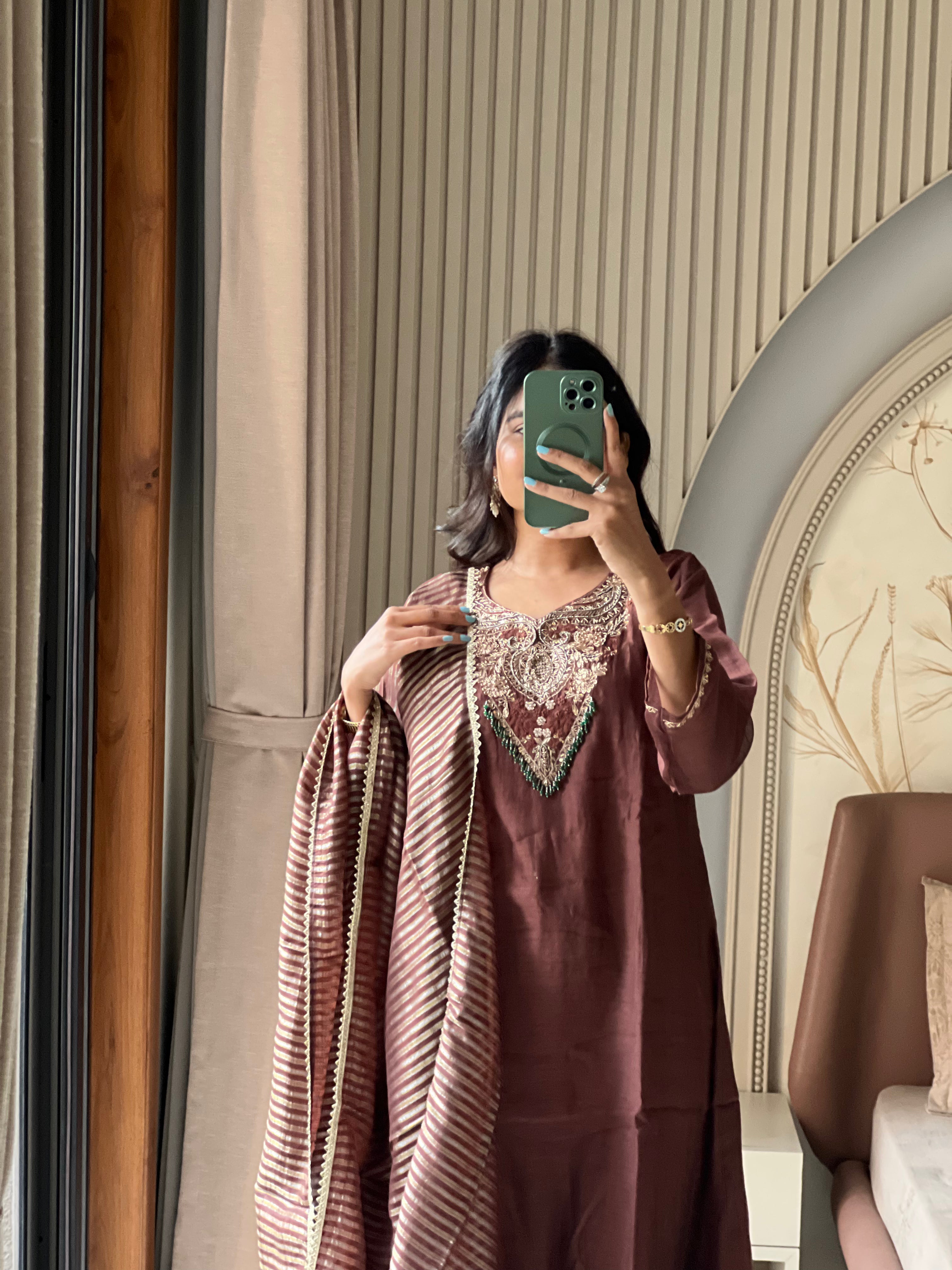 Brown Mul chanderi suit set