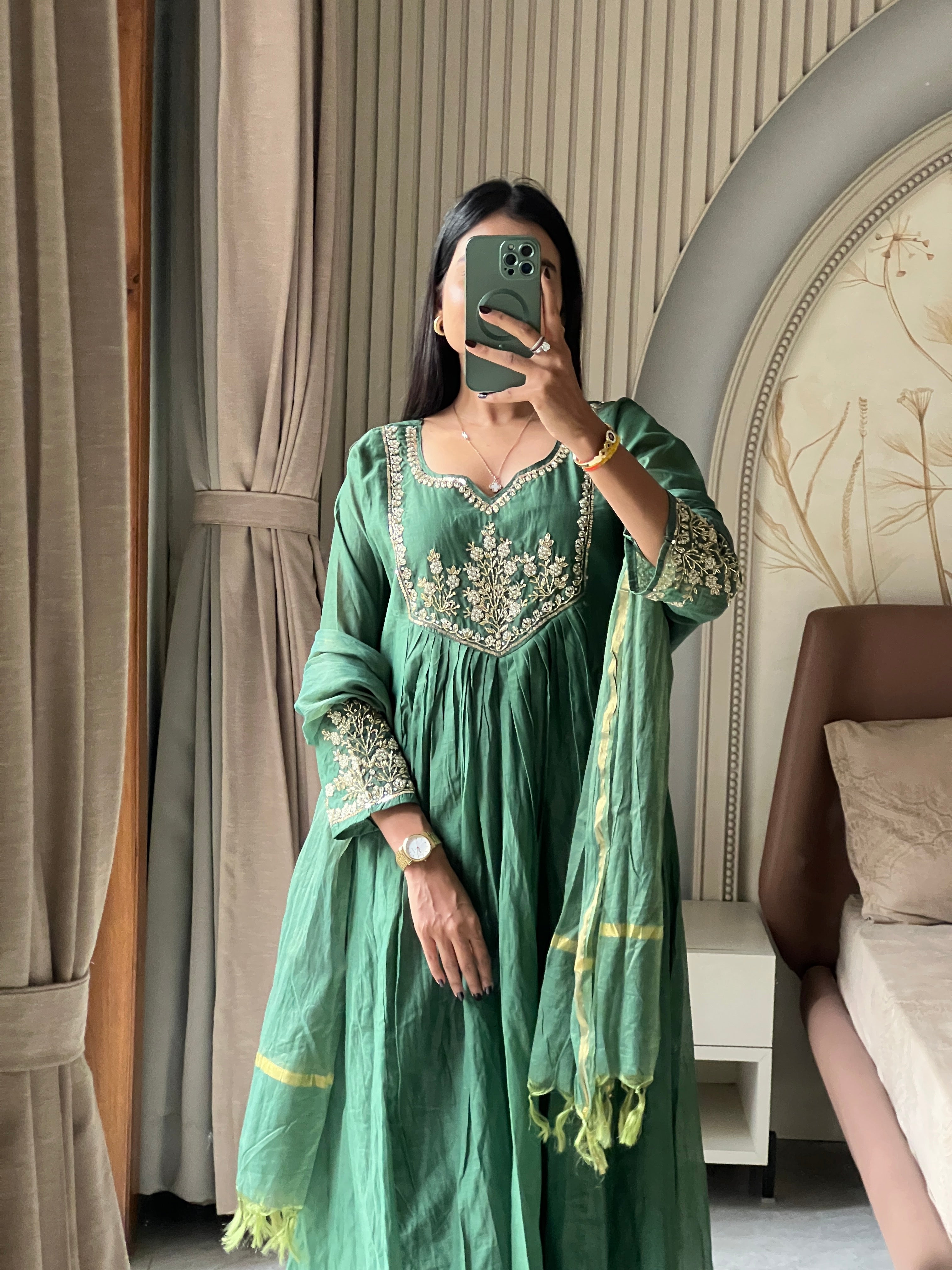 Chanderi green suit set with beautiful hand work