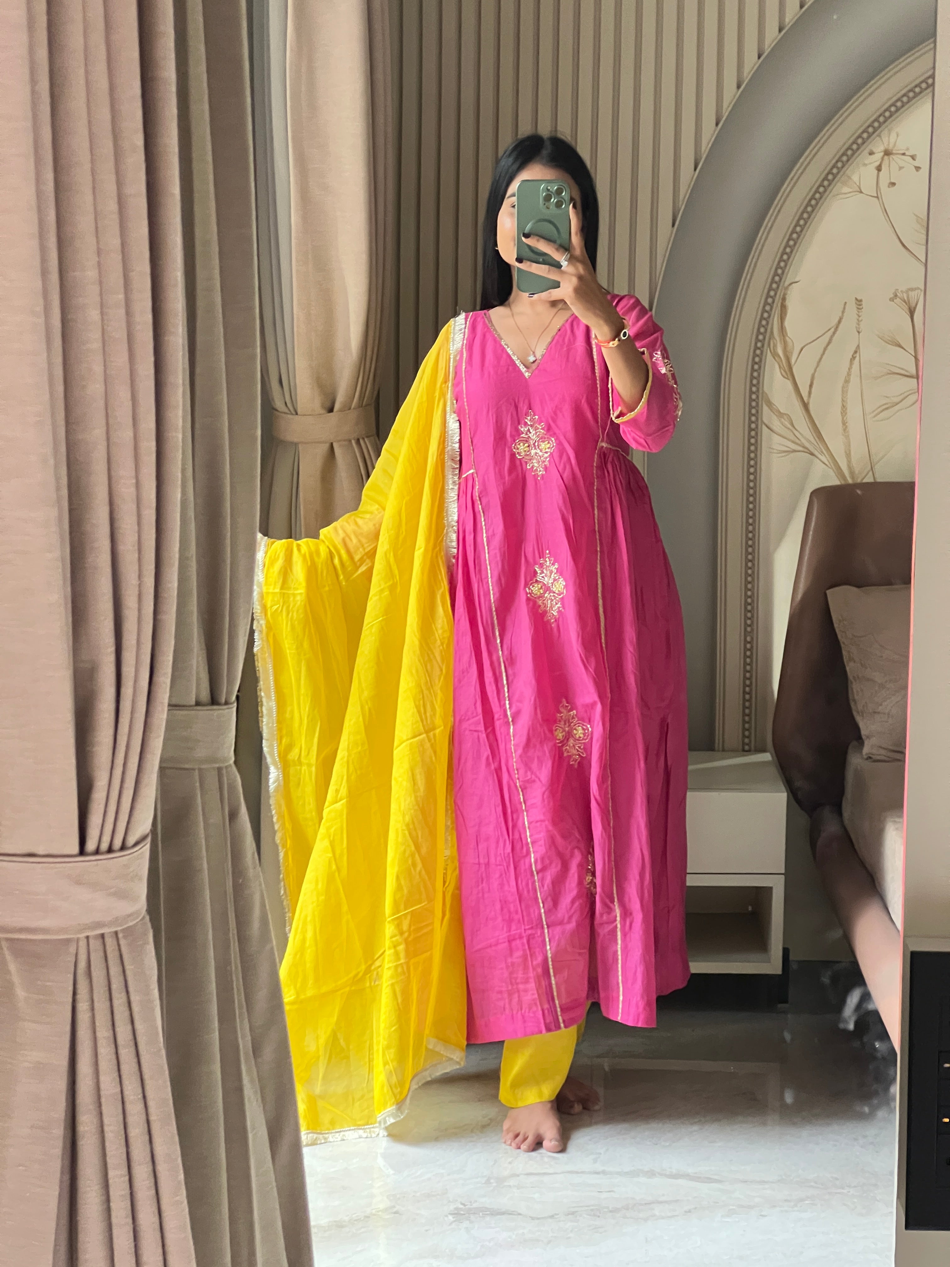 Chanderi suit set with contrast dupatta