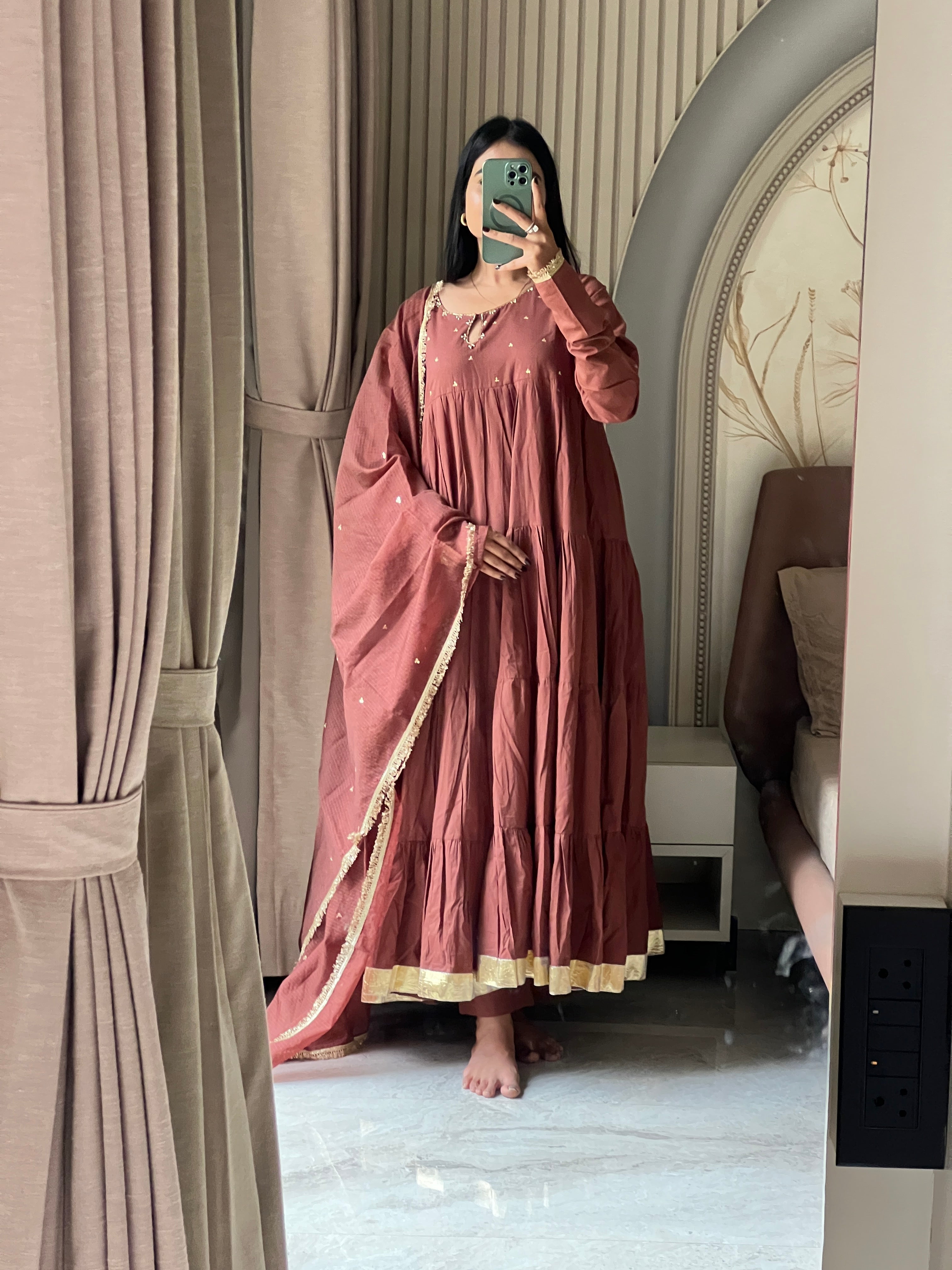 Brown full sleeves anarkali  set