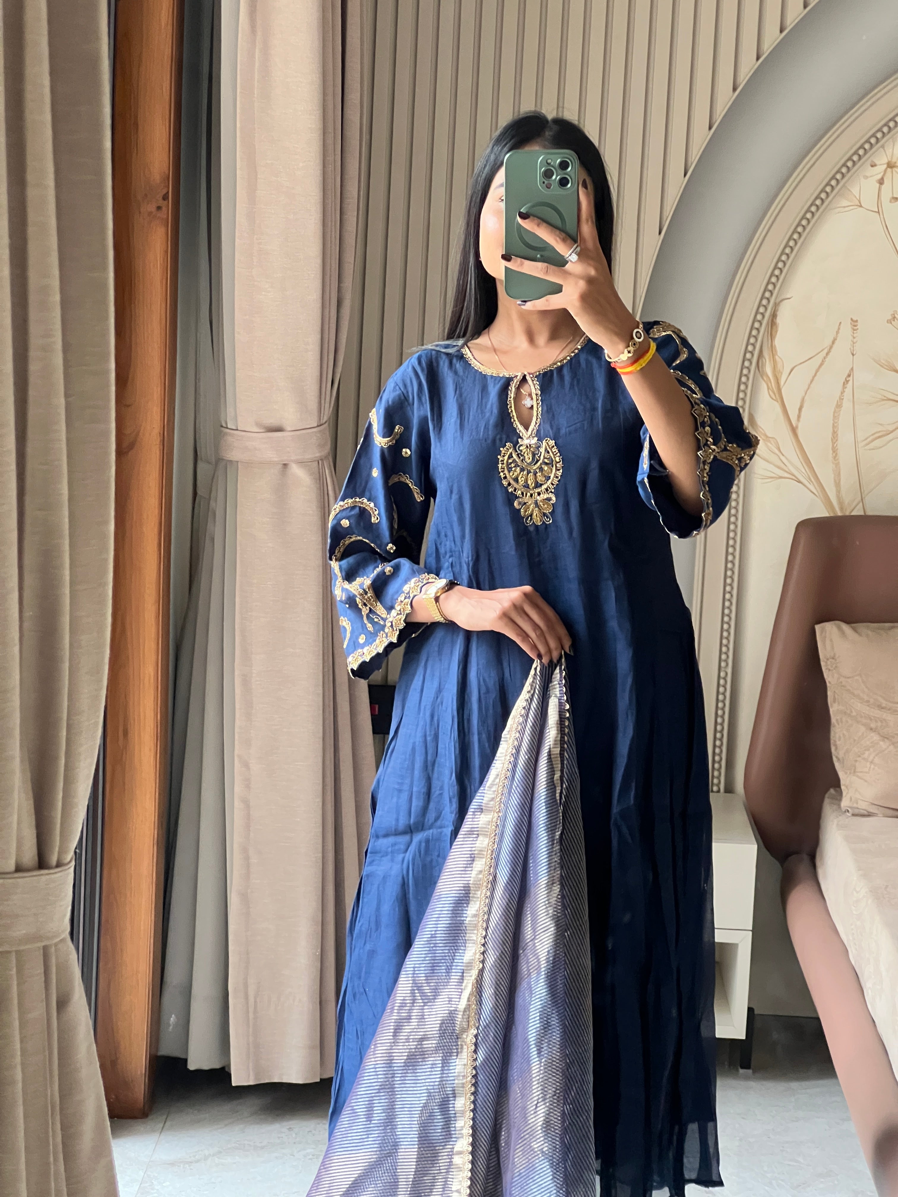 Blue jardosi work kurti set with striped dupatta