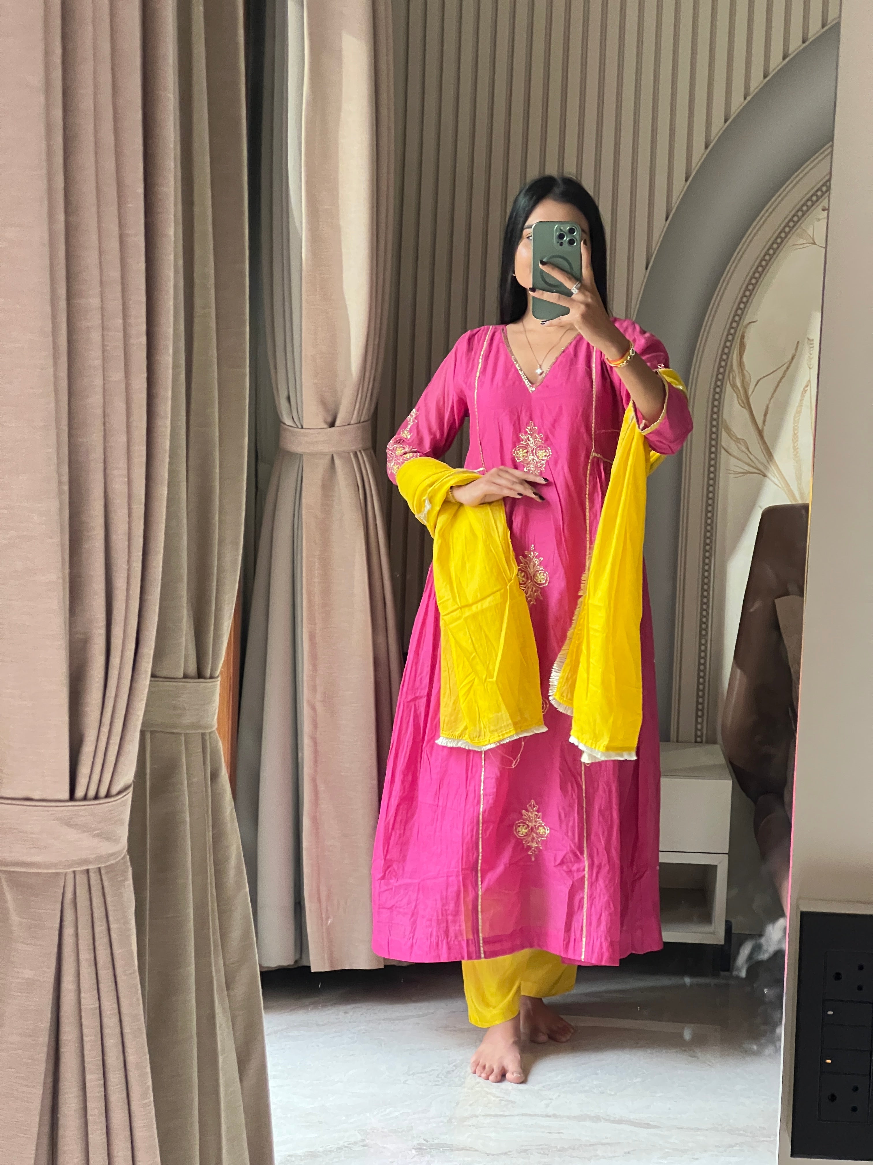 Chanderi suit set with contrast dupatta