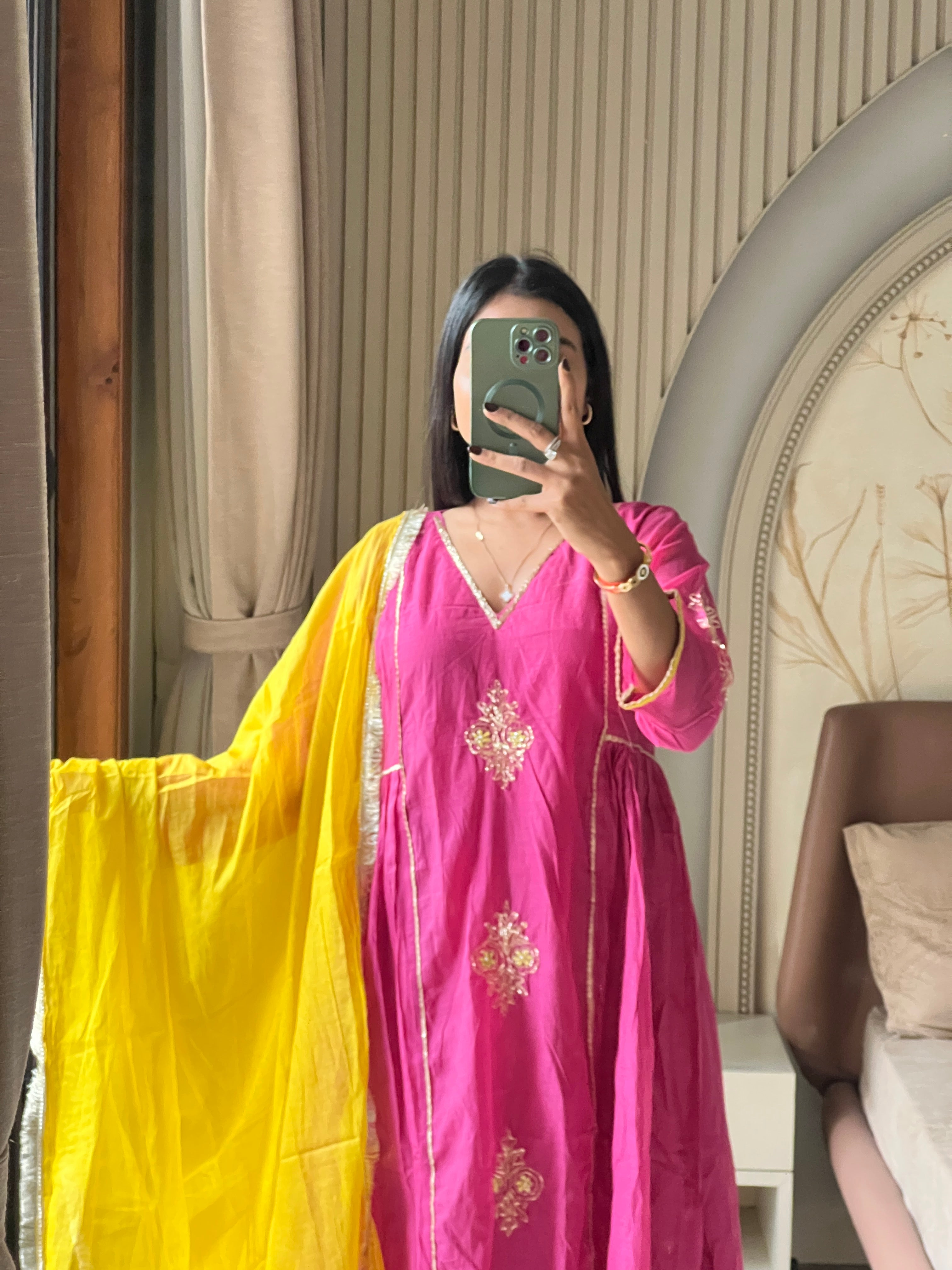 Chanderi suit set with contrast dupatta