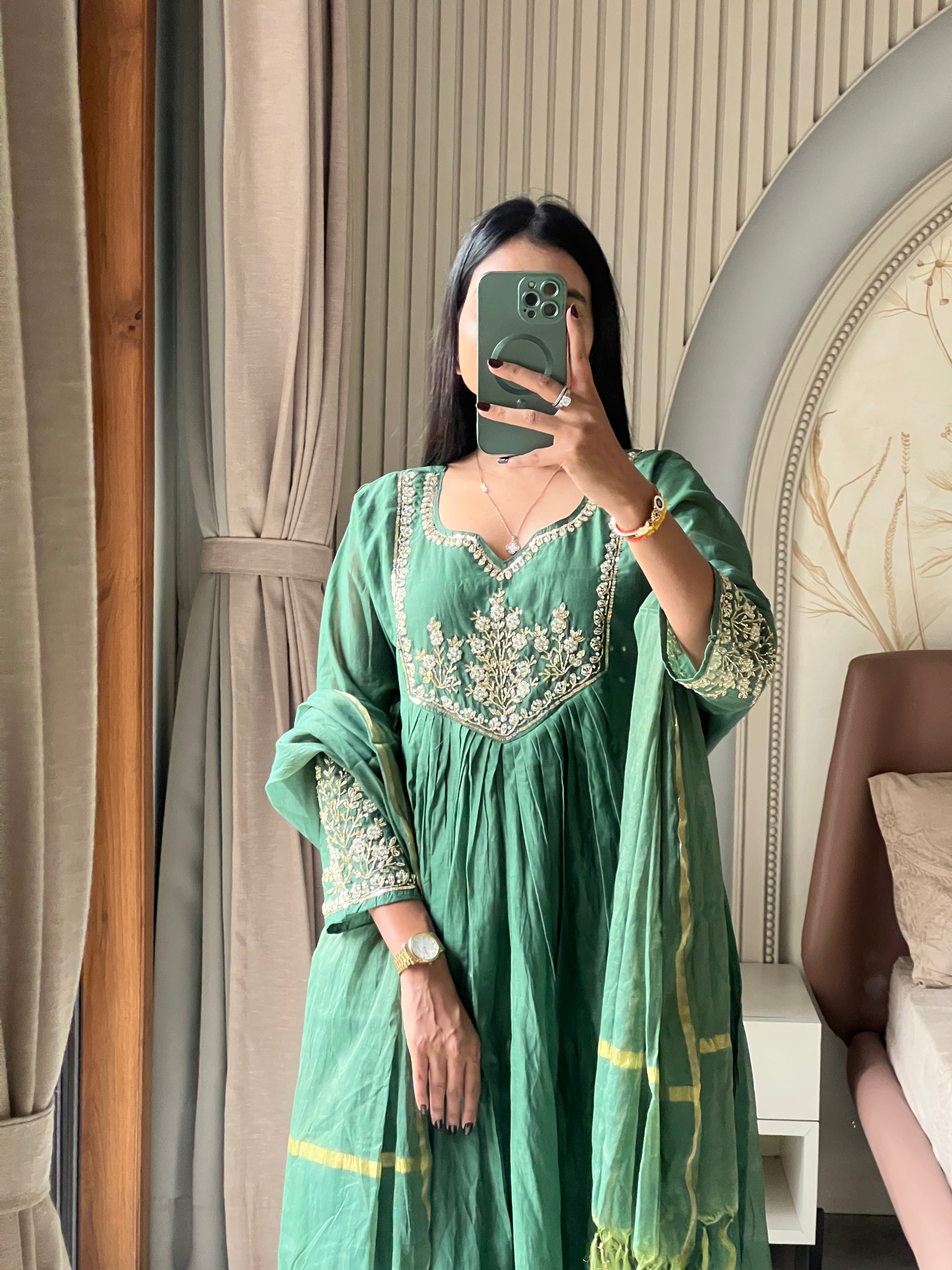 Chanderi green suit set with beautiful hand work