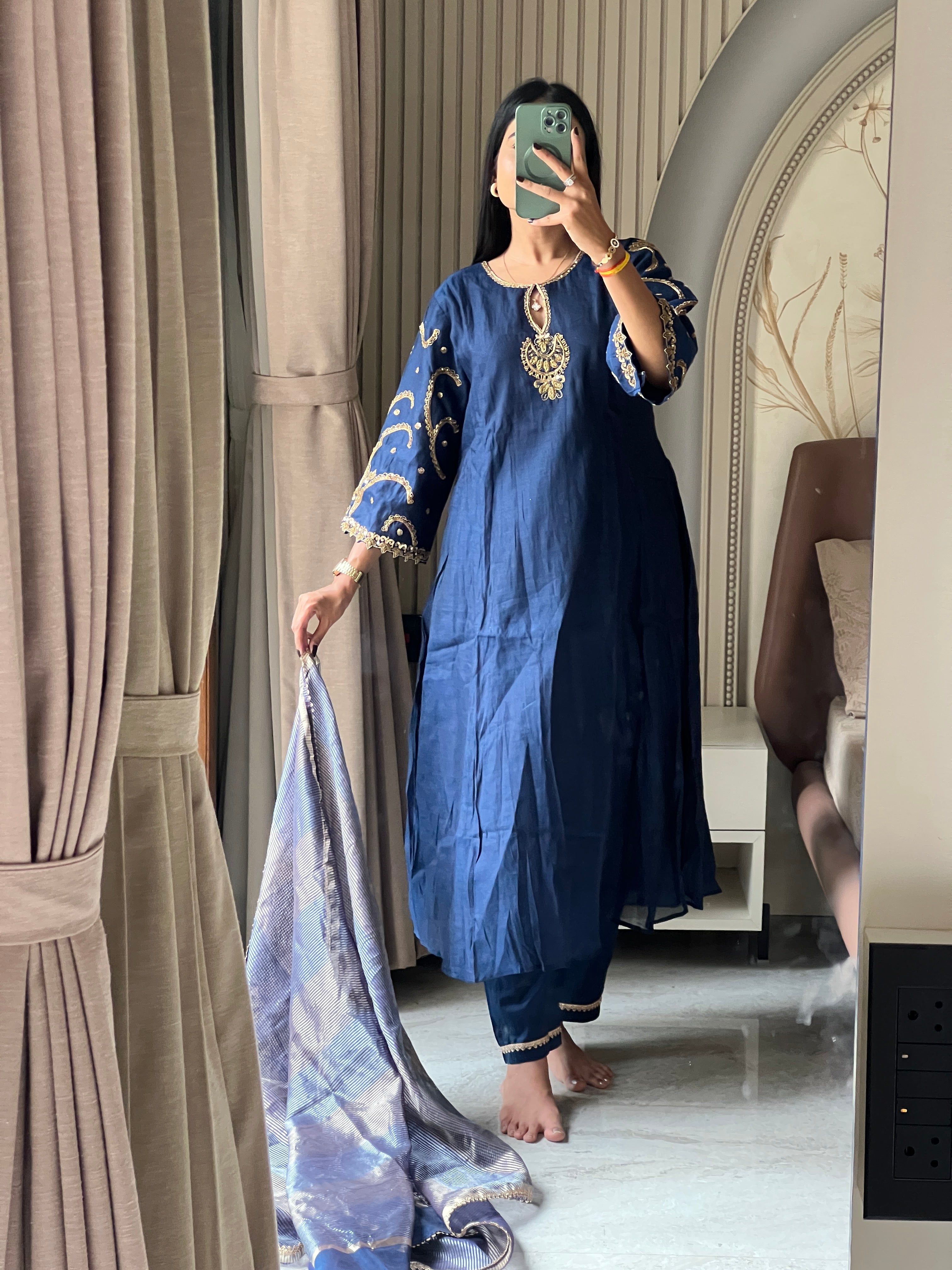 Blue jardosi work kurti set with striped dupatta