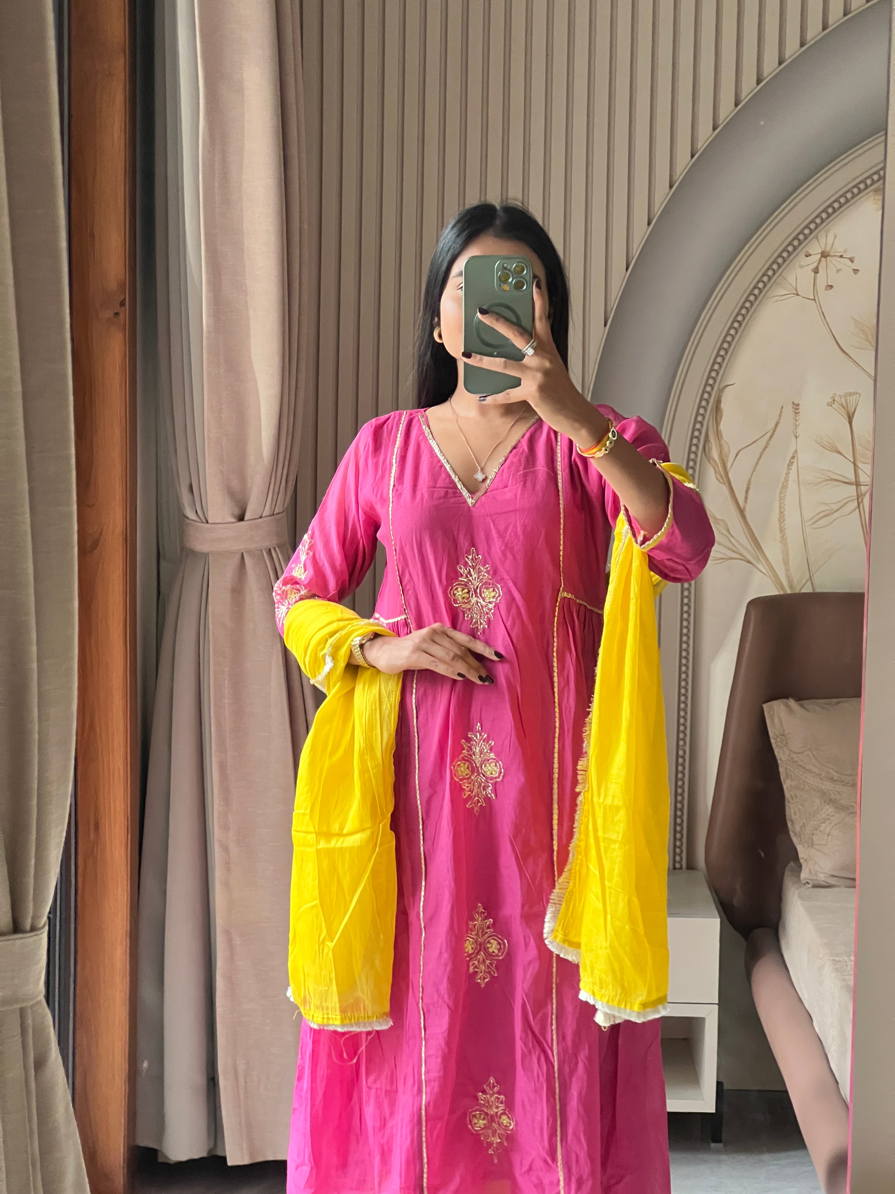 Chanderi suit set with contrast dupatta