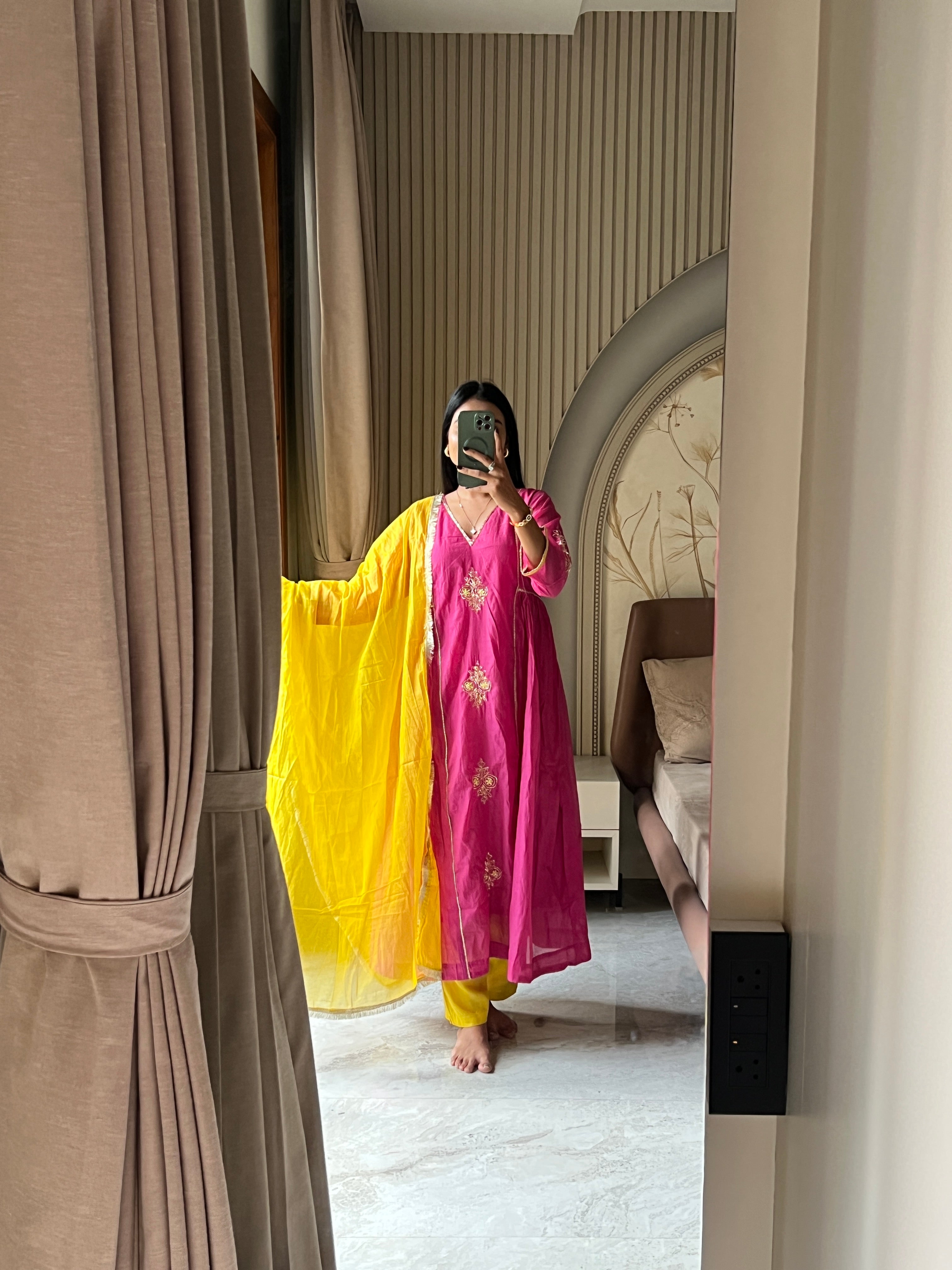 Chanderi suit set with contrast dupatta