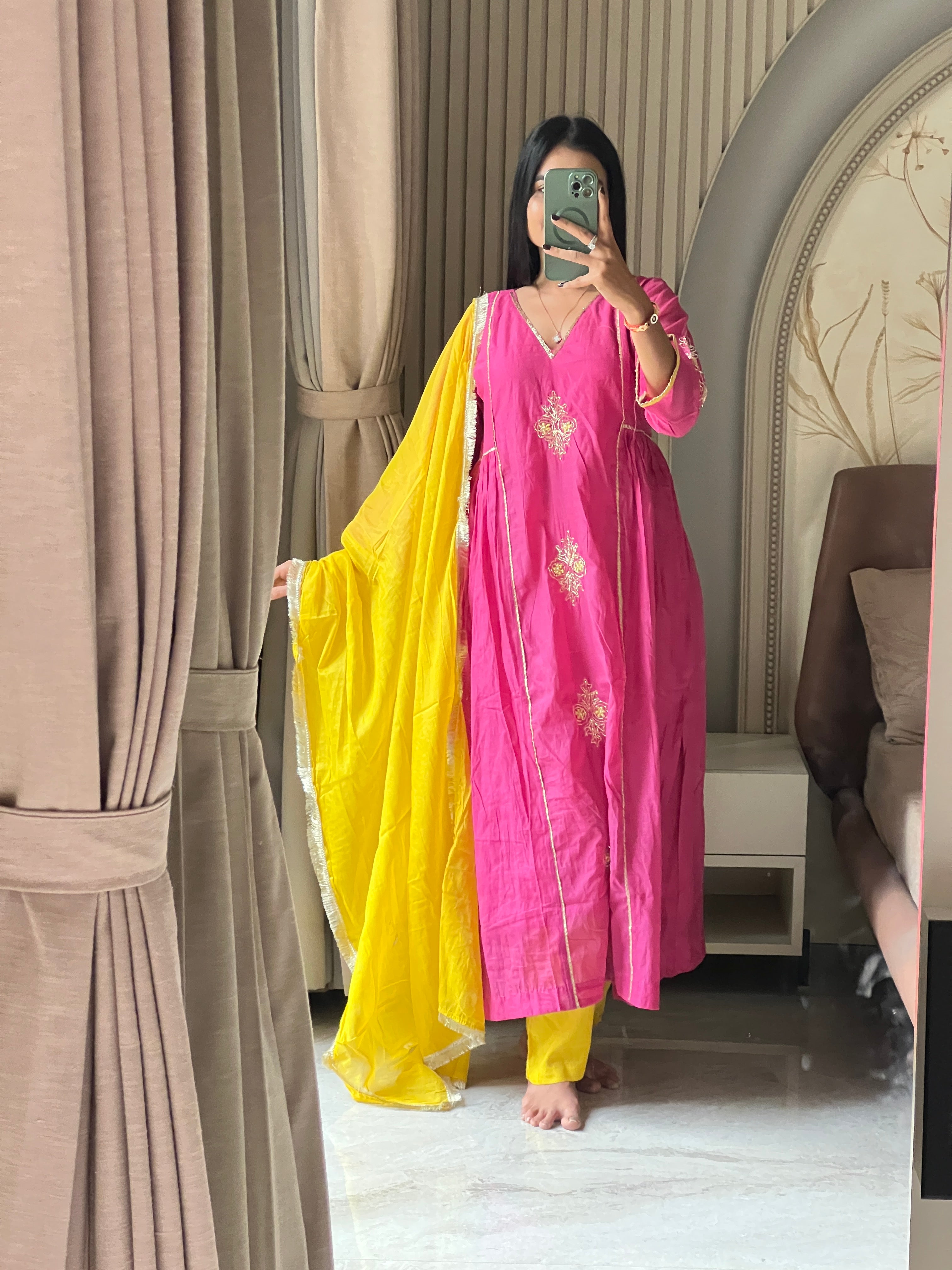 Chanderi suit set with contrast dupatta