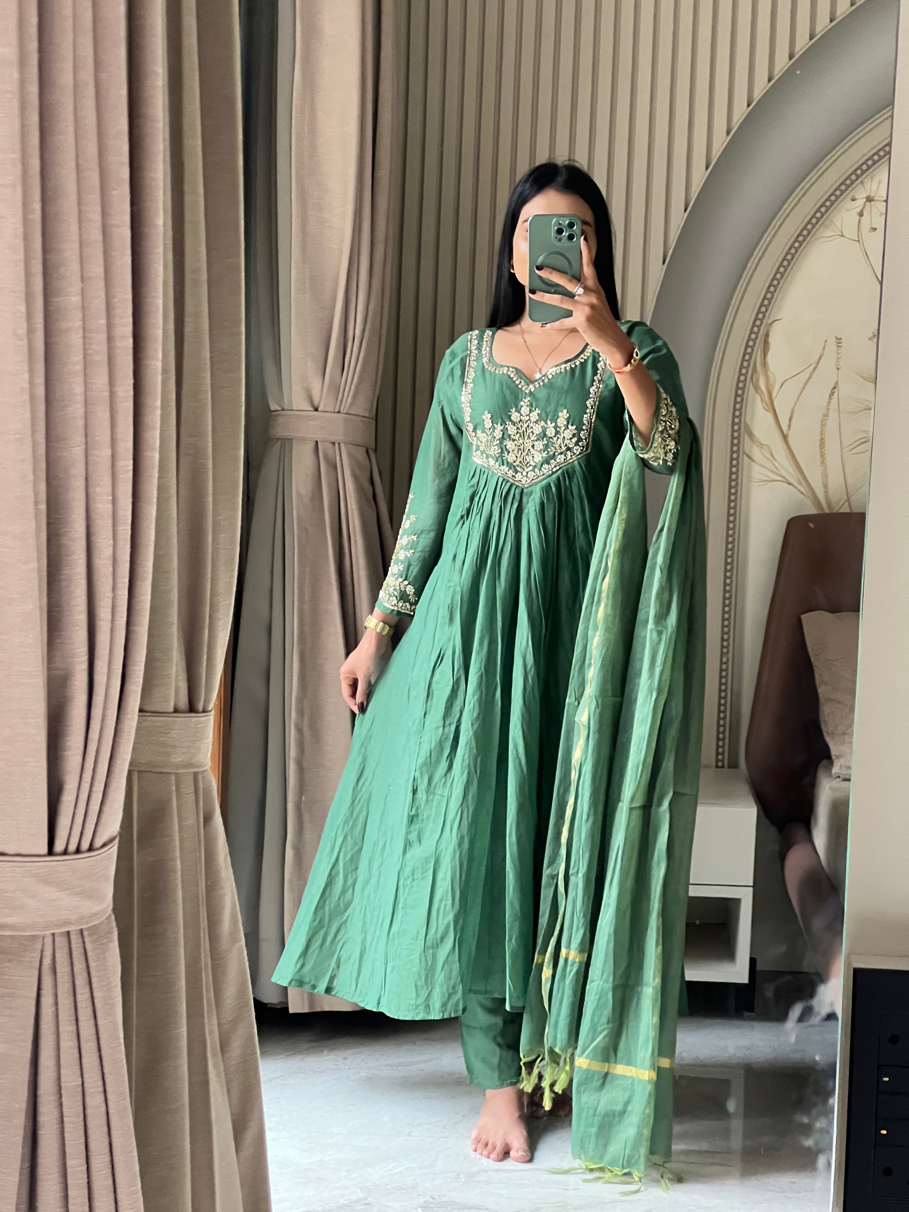 Chanderi green suit set with beautiful hand work