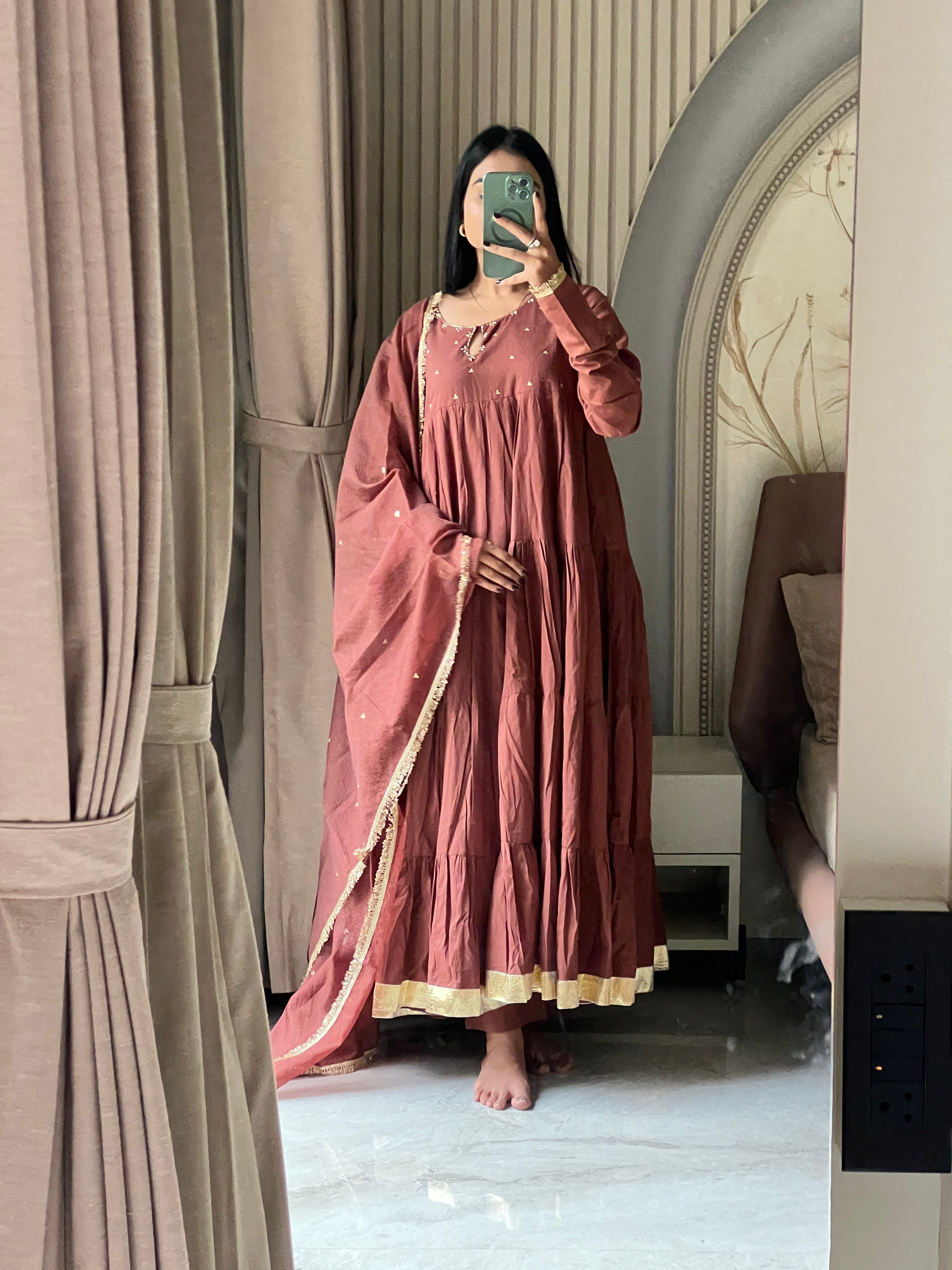 Brown full sleeves anarkali  set