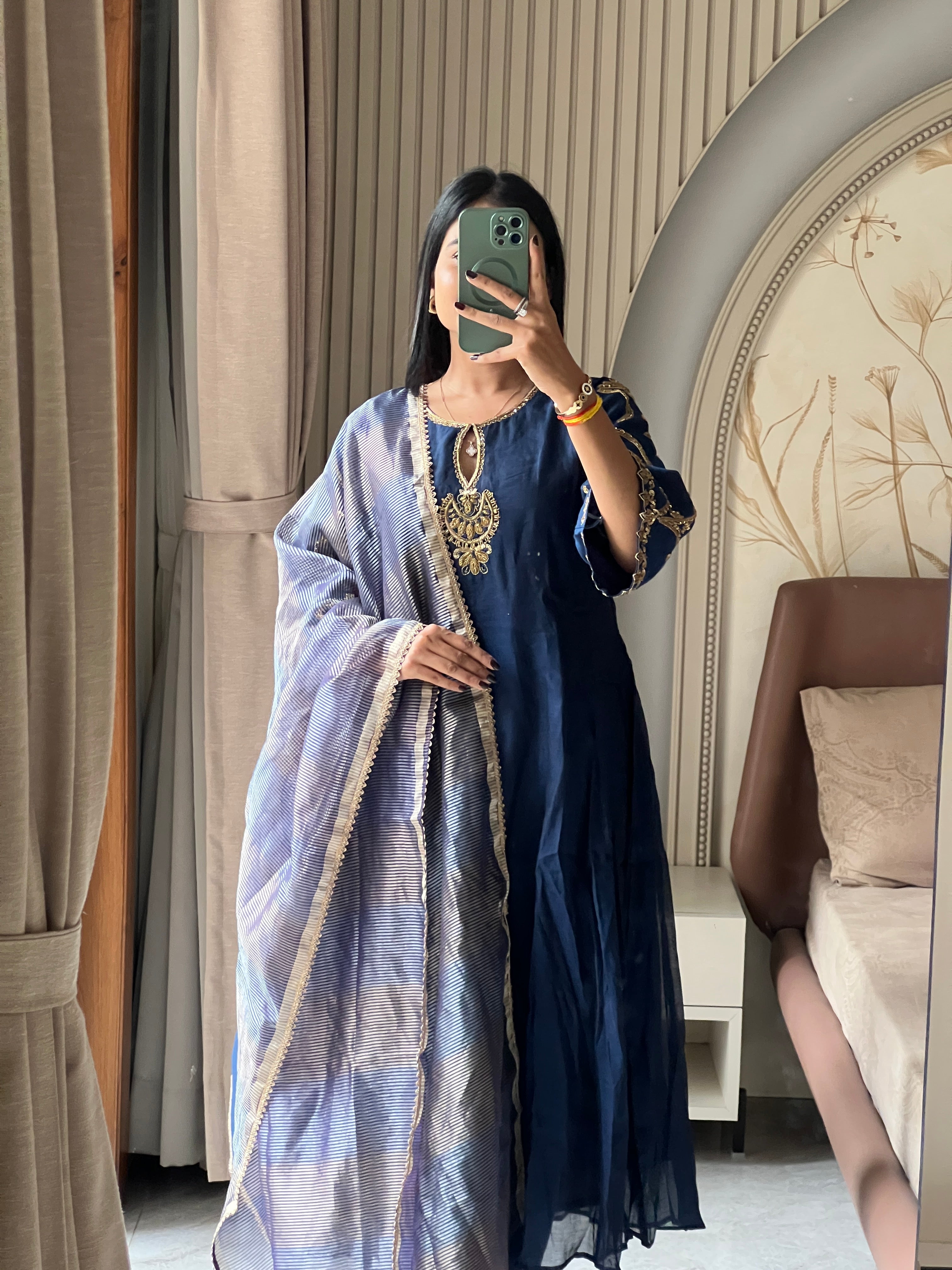 Blue jardosi work kurti set with striped dupatta