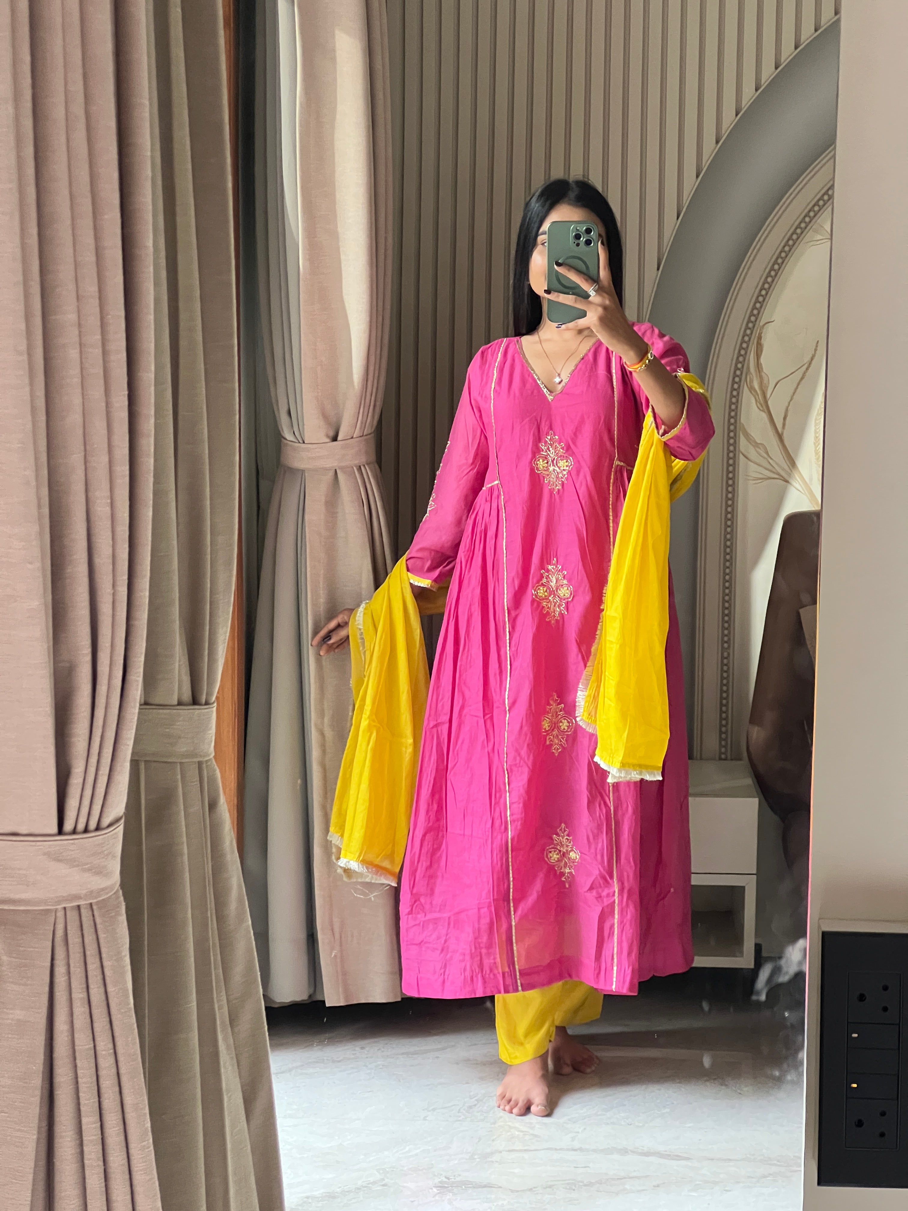 Chanderi suit set with contrast dupatta