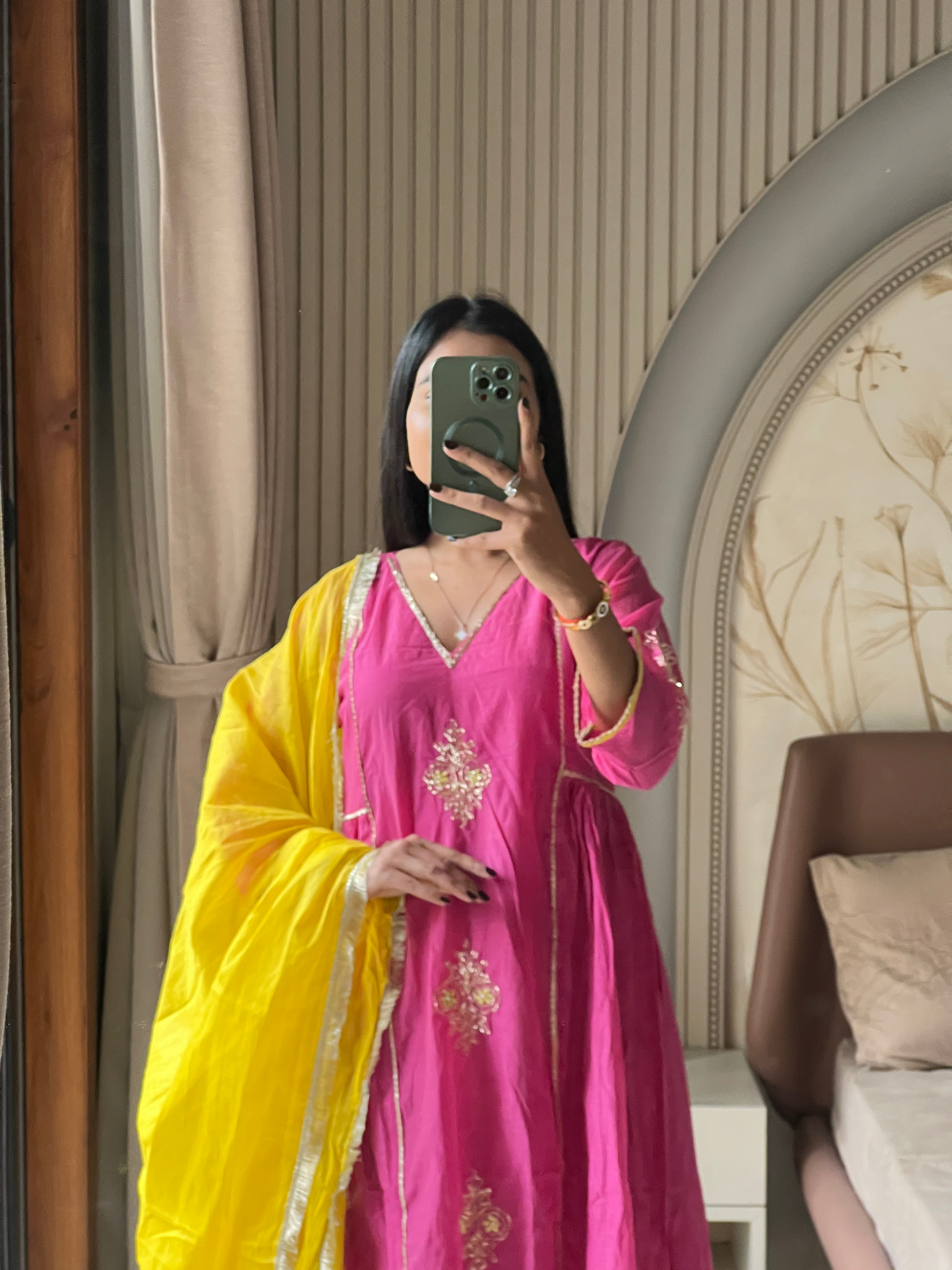 Chanderi suit set with contrast dupatta