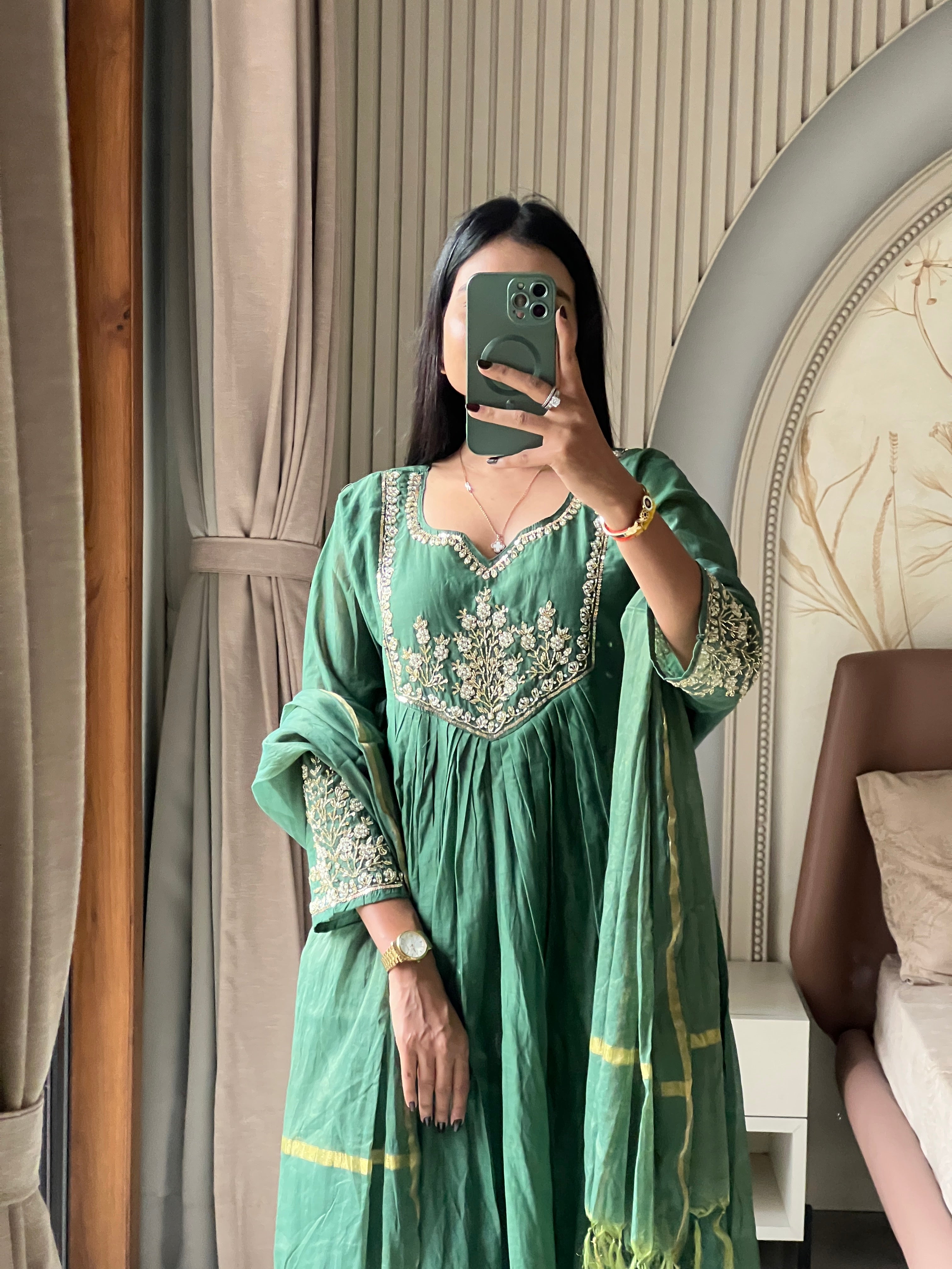 Chanderi green suit set with beautiful hand work