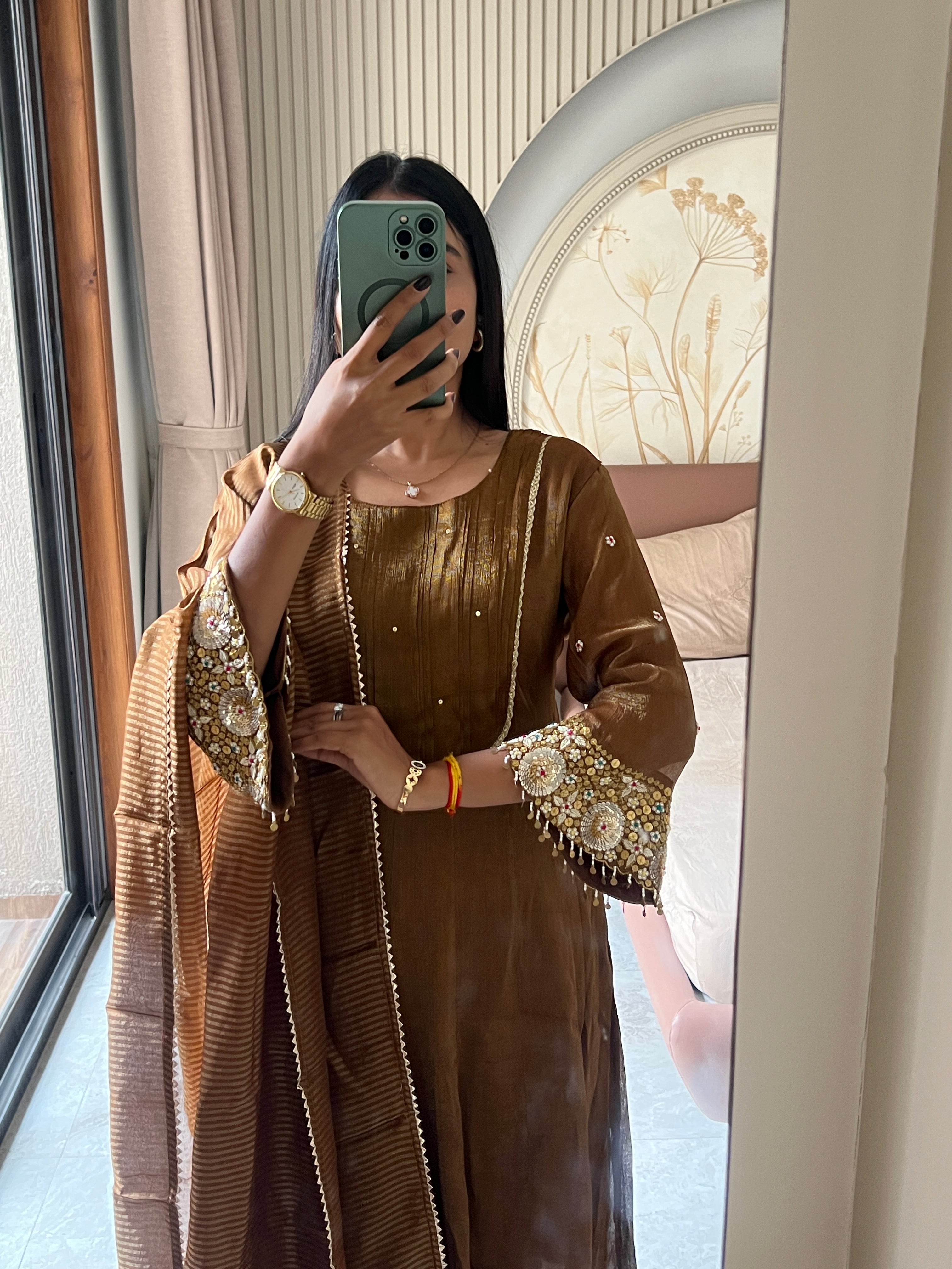 Copper metal sequence work kurti set