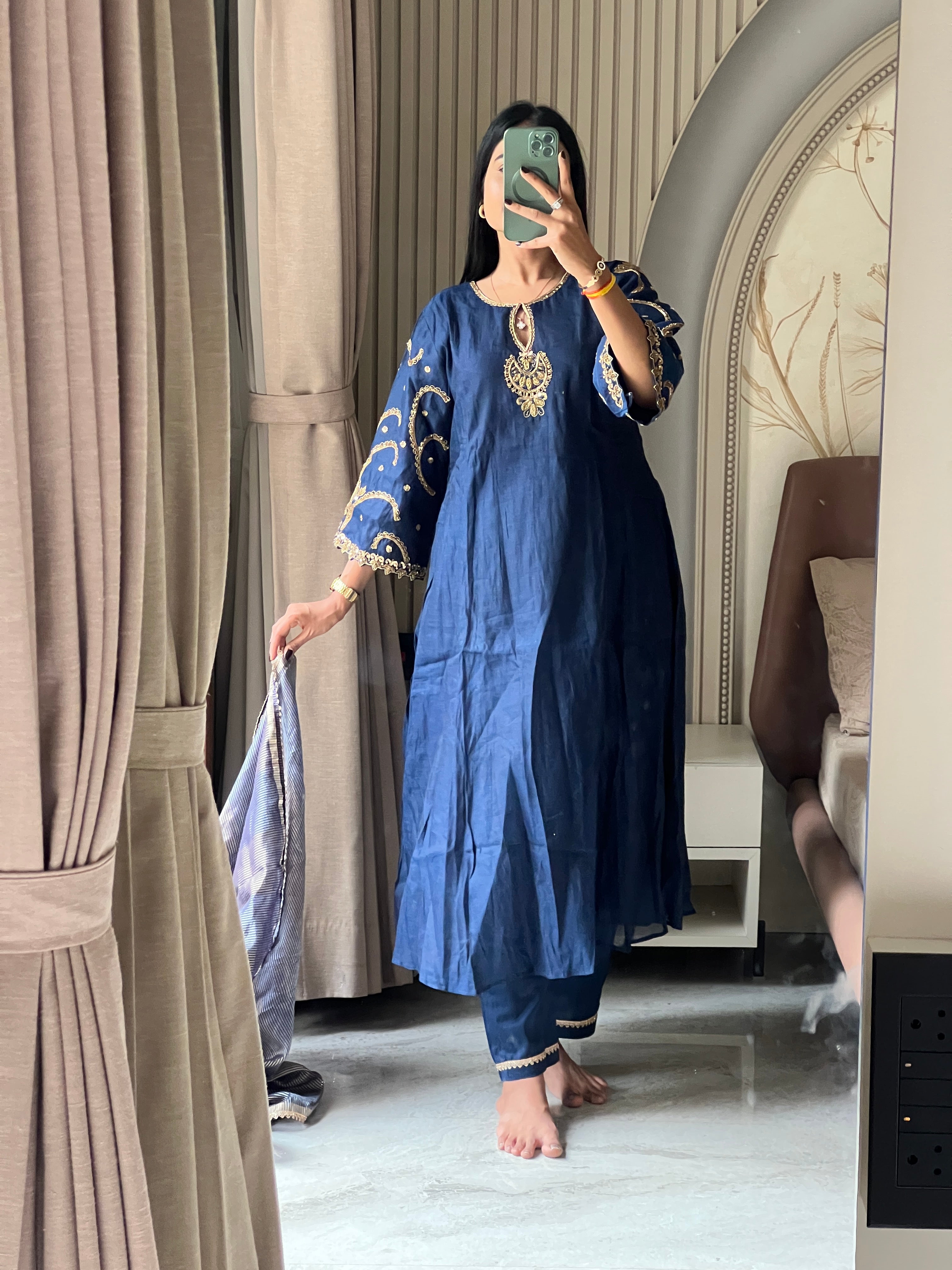 Blue jardosi work kurti set with striped dupatta