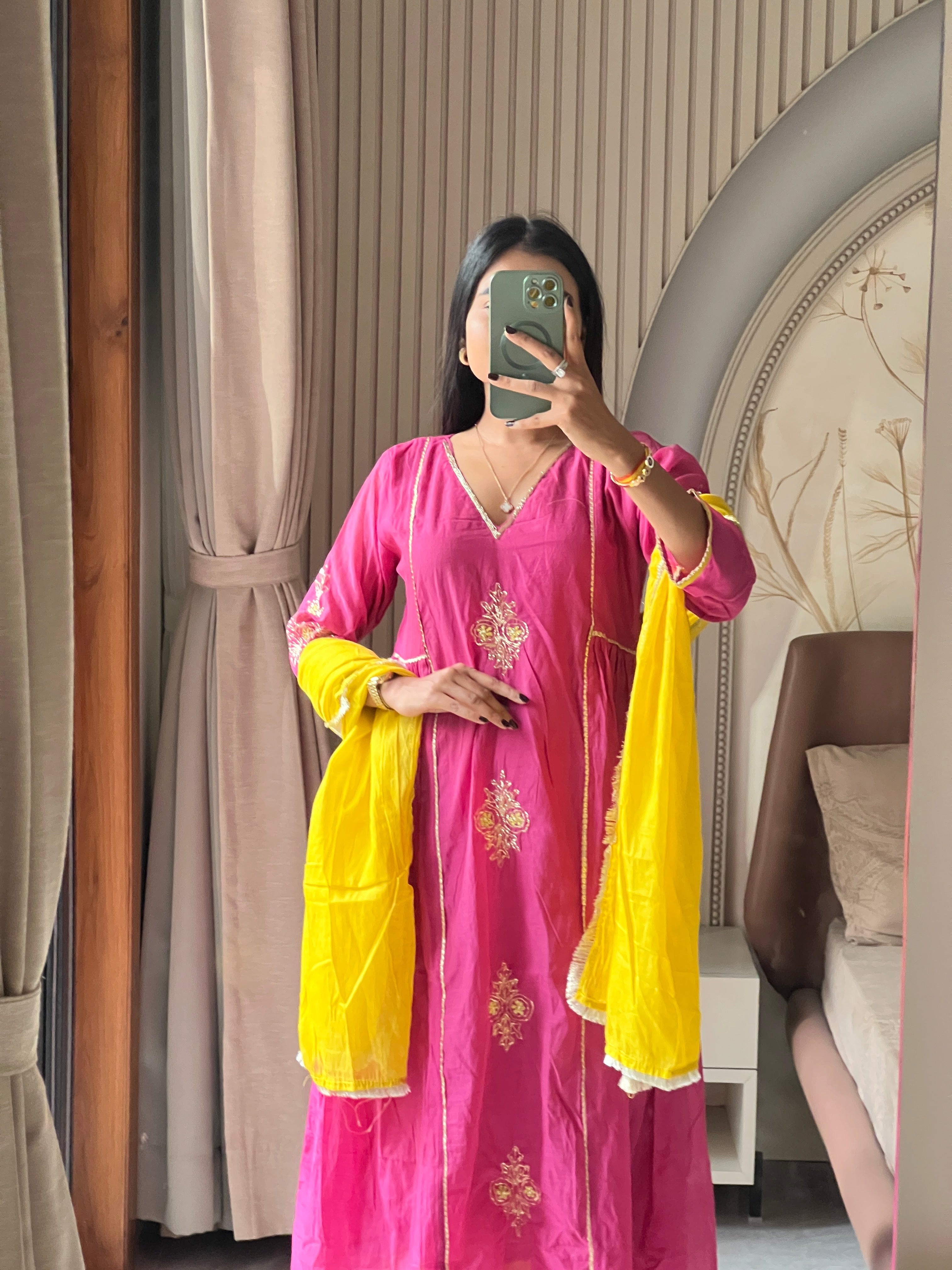 Chanderi suit set with contrast dupatta