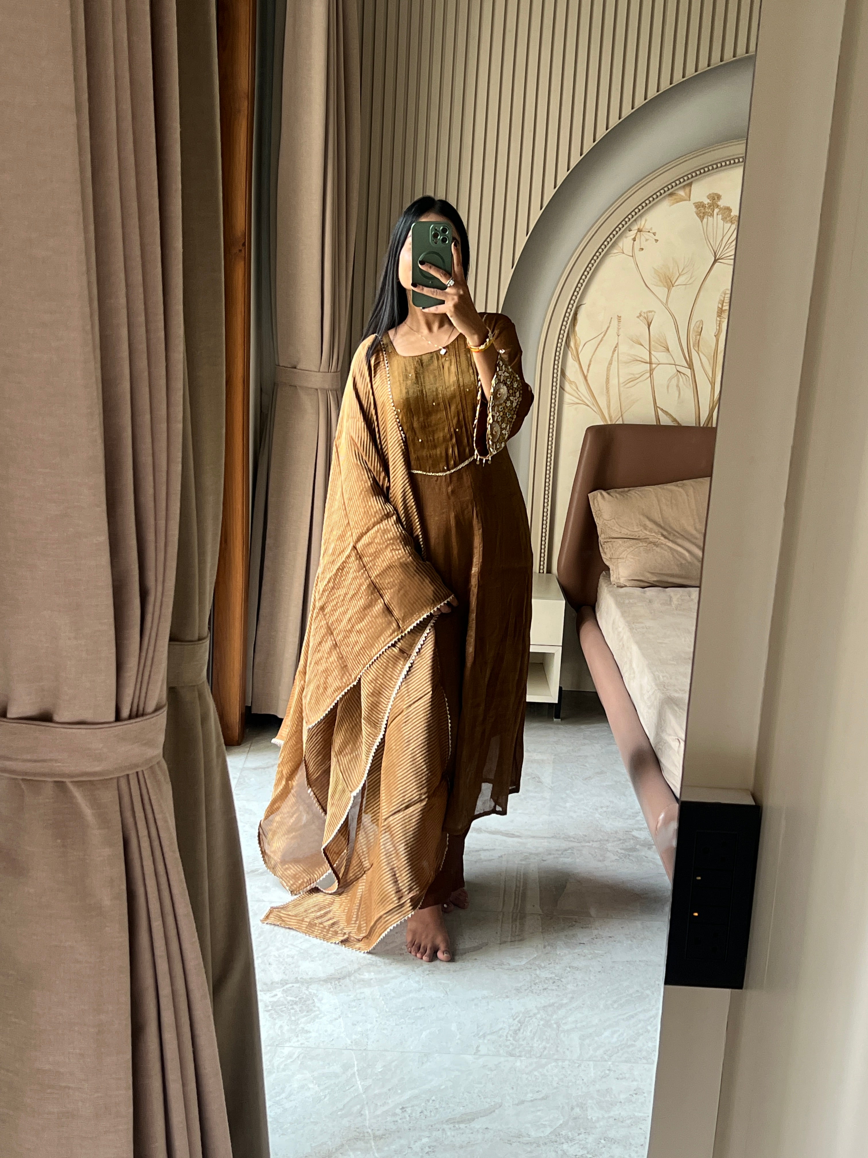 Copper metal sequence work kurti set