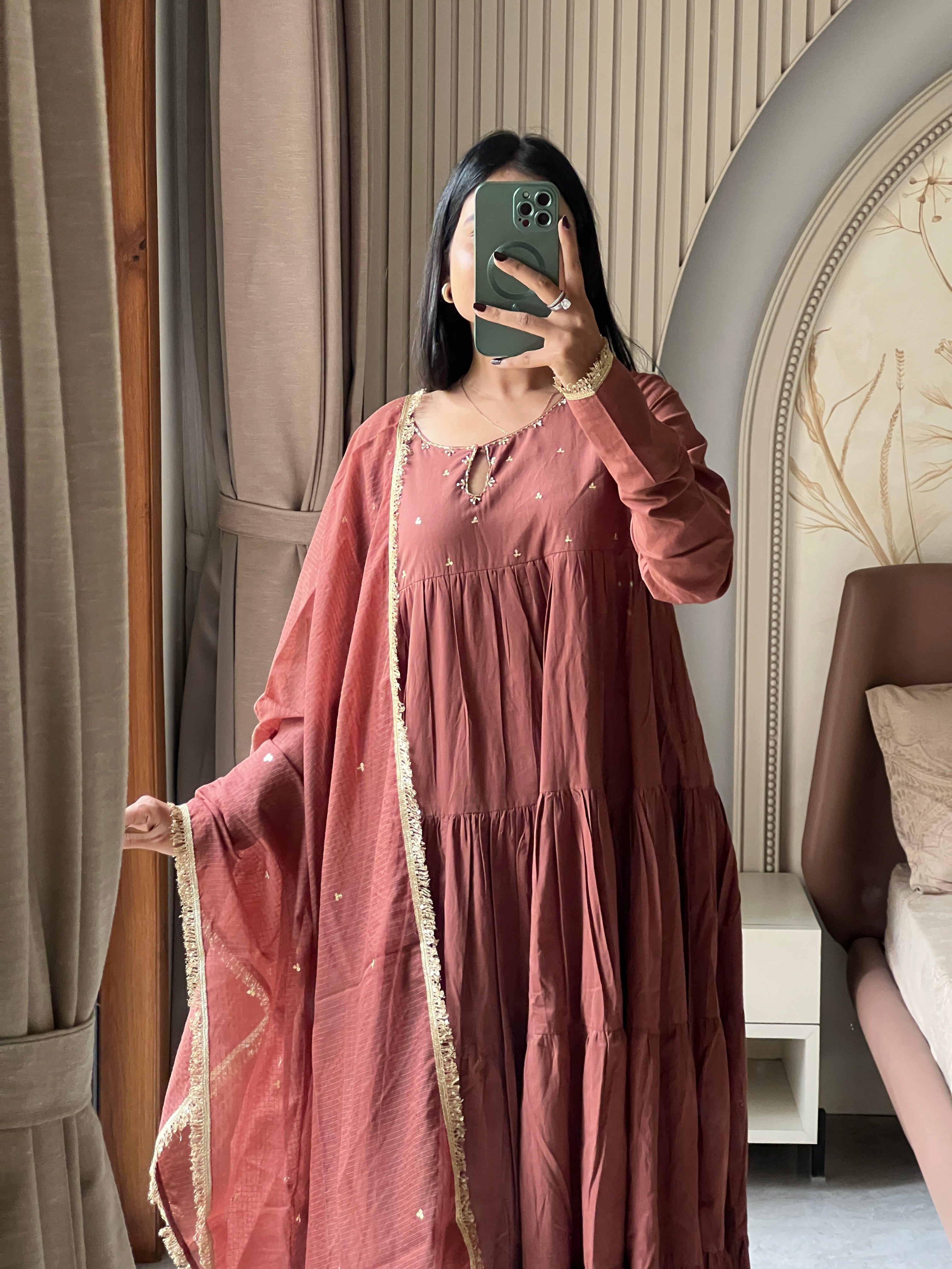 Brown full sleeves anarkali  set