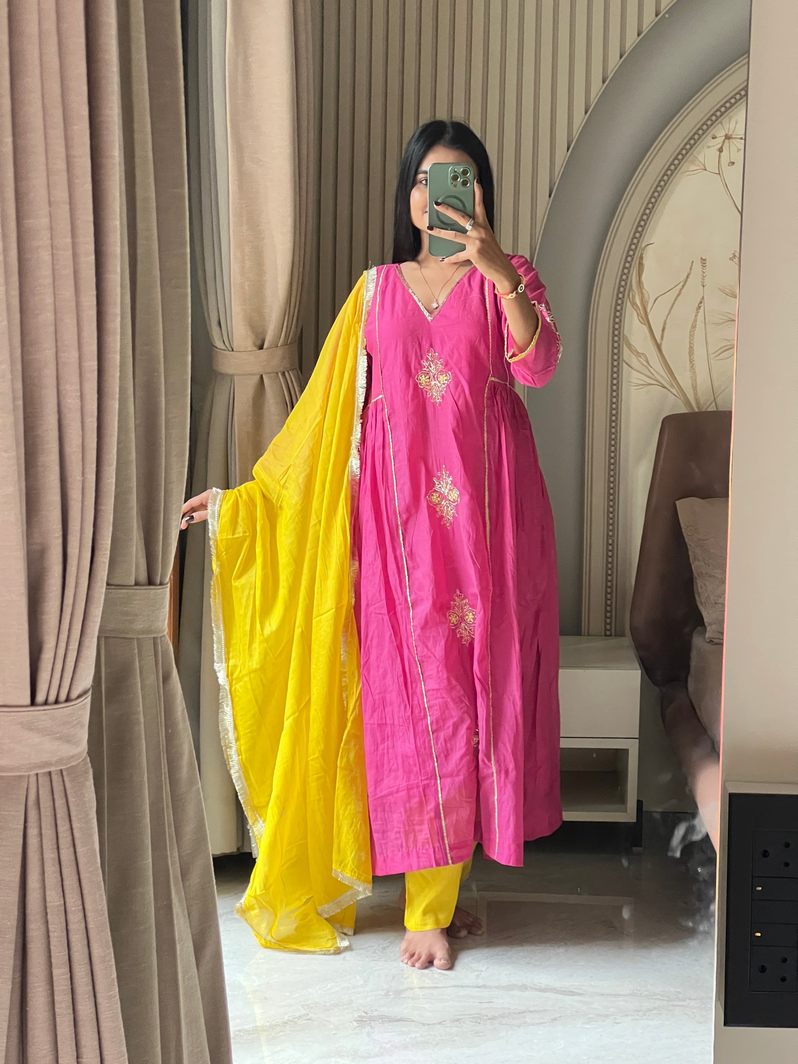 Chanderi suit set with contrast dupatta