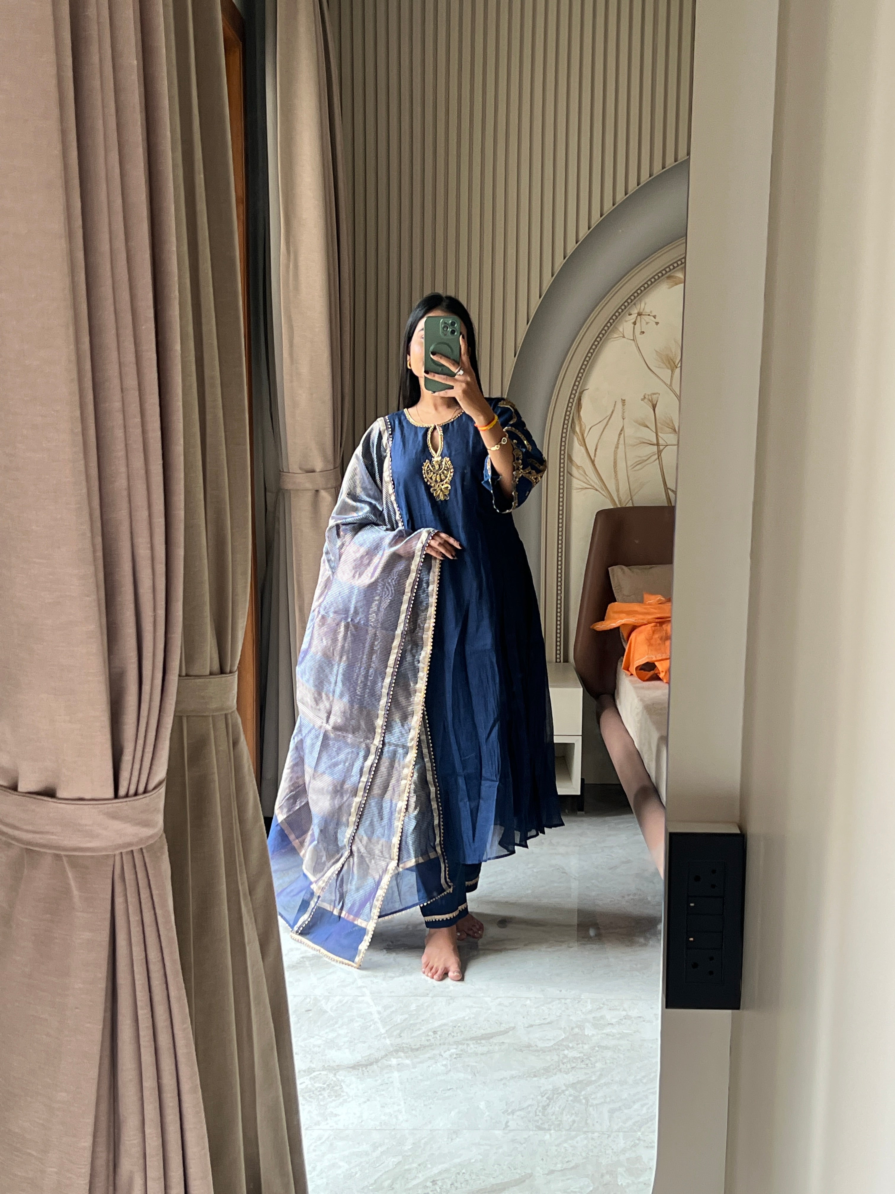 Blue jardosi work kurti set with striped dupatta