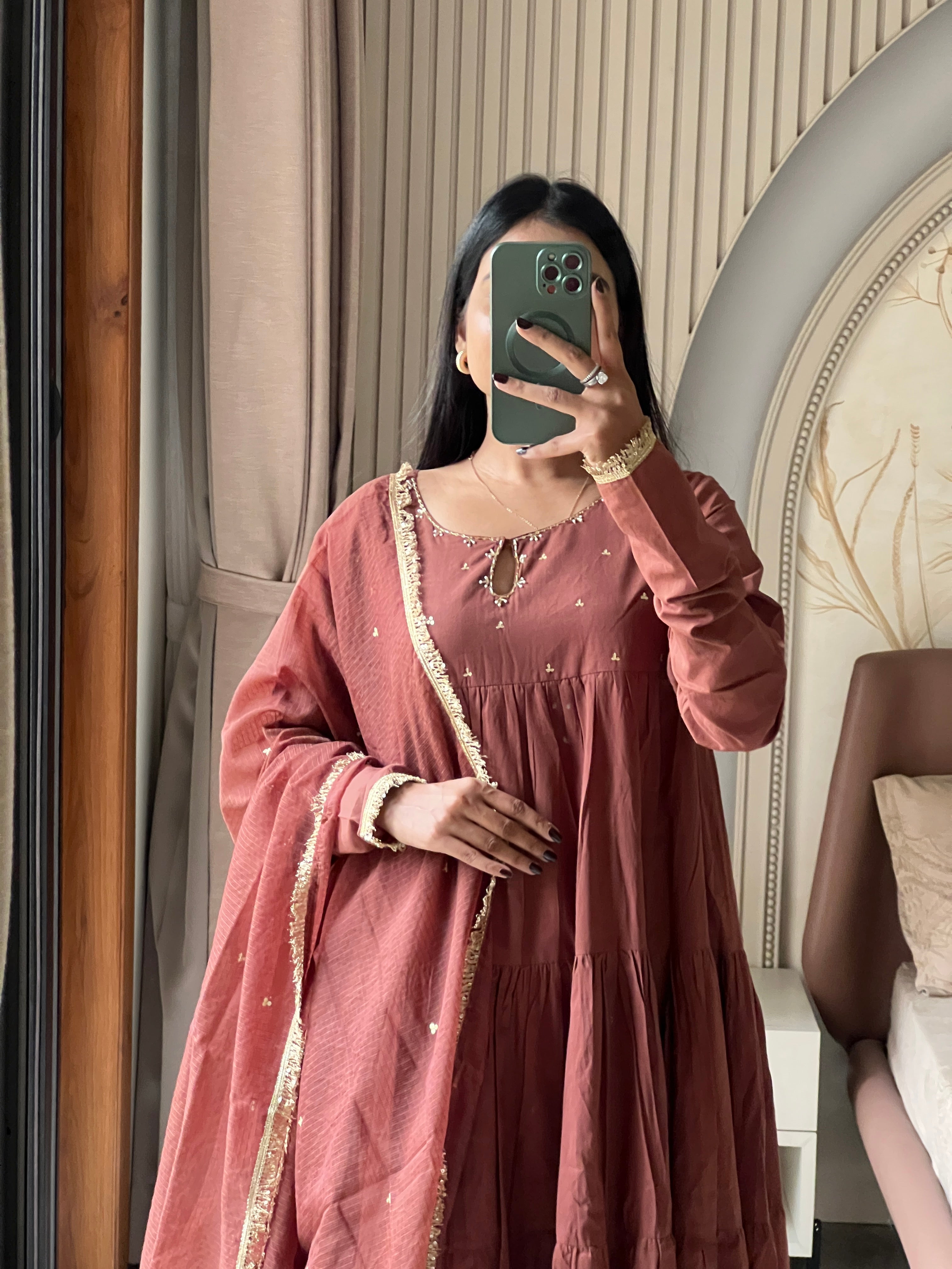 Brown full sleeves anarkali  set