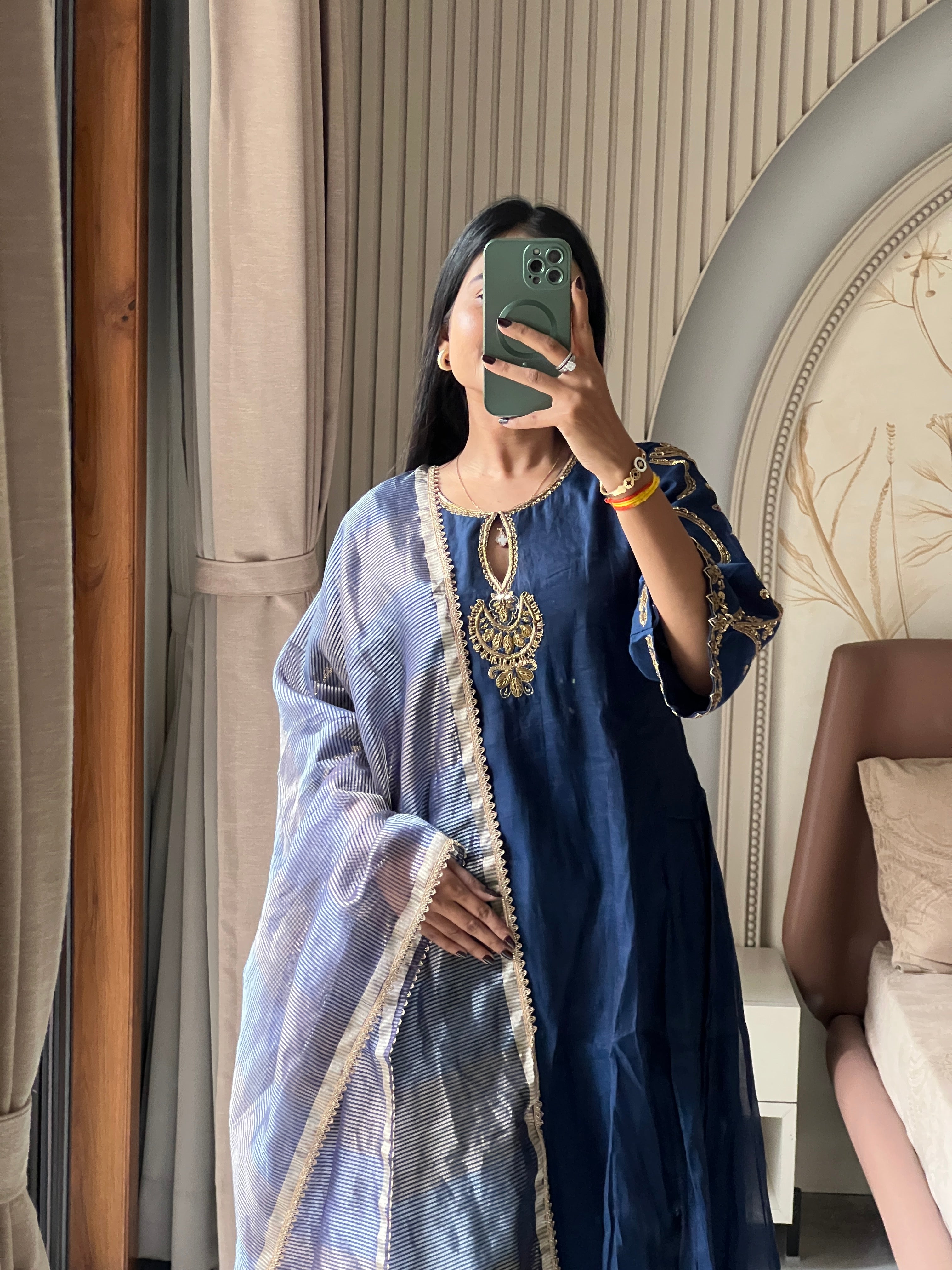 Blue jardosi work kurti set with striped dupatta