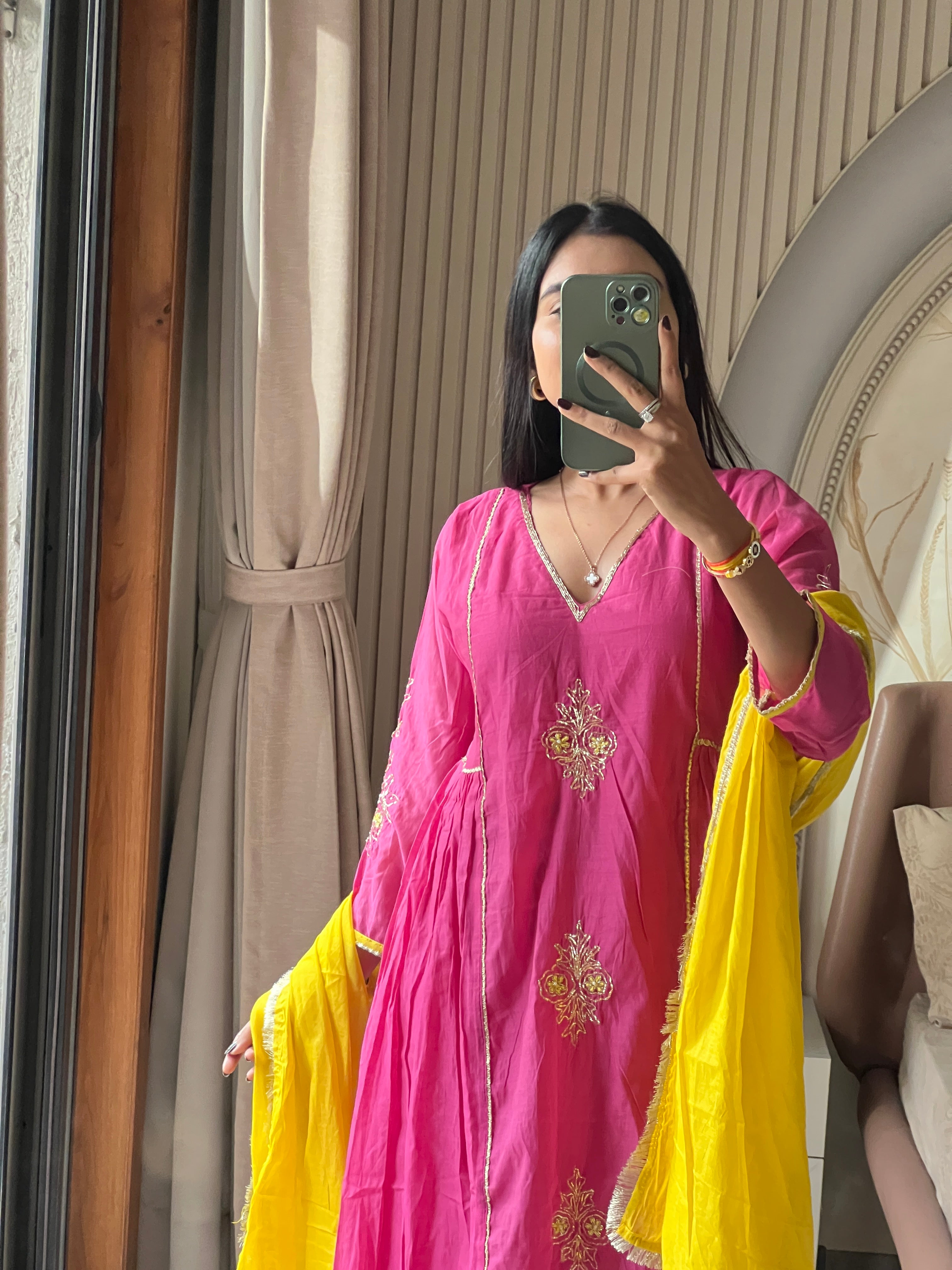 Chanderi suit set with contrast dupatta