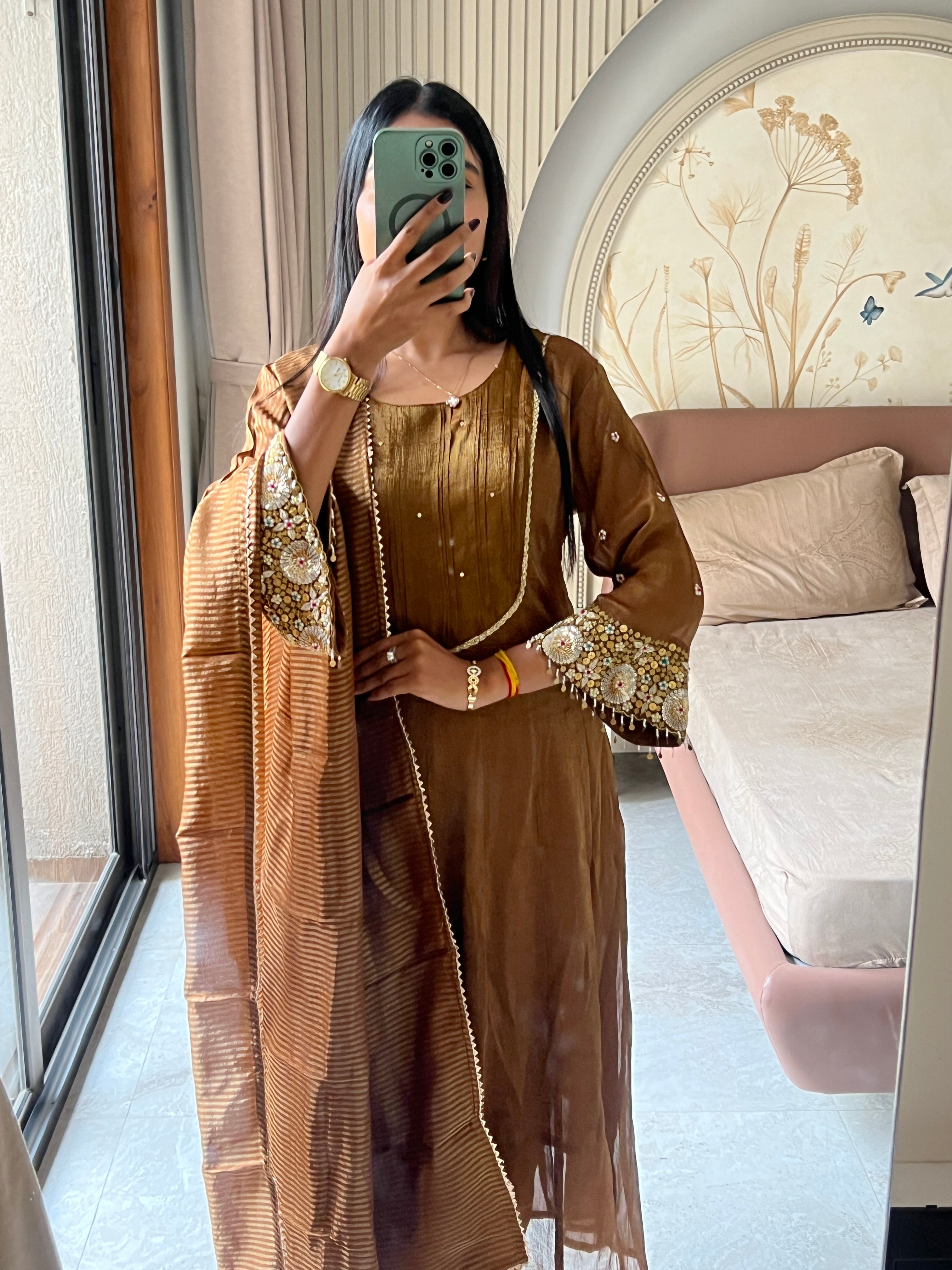 Copper metal sequence work kurti set