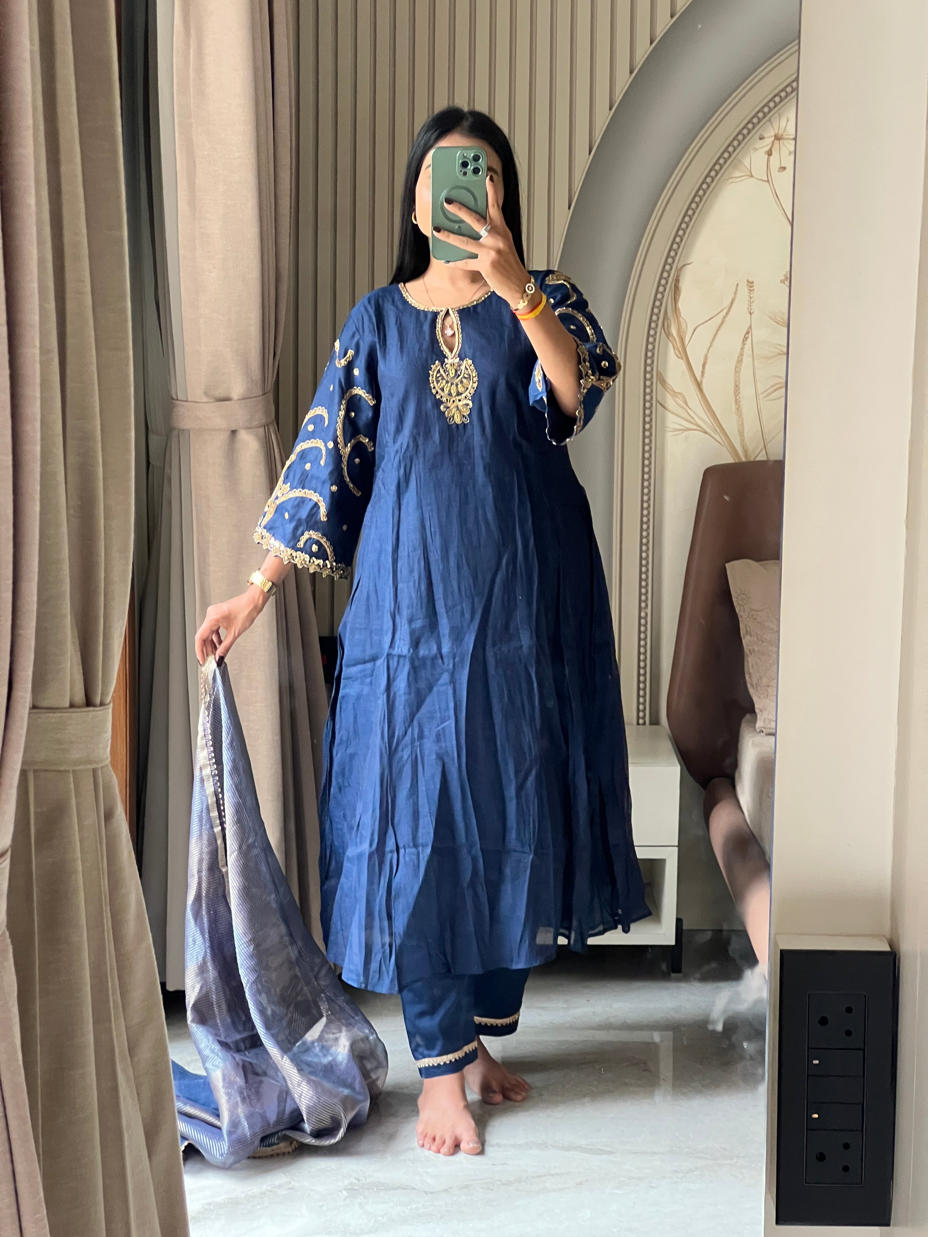 Blue jardosi work kurti set with striped dupatta