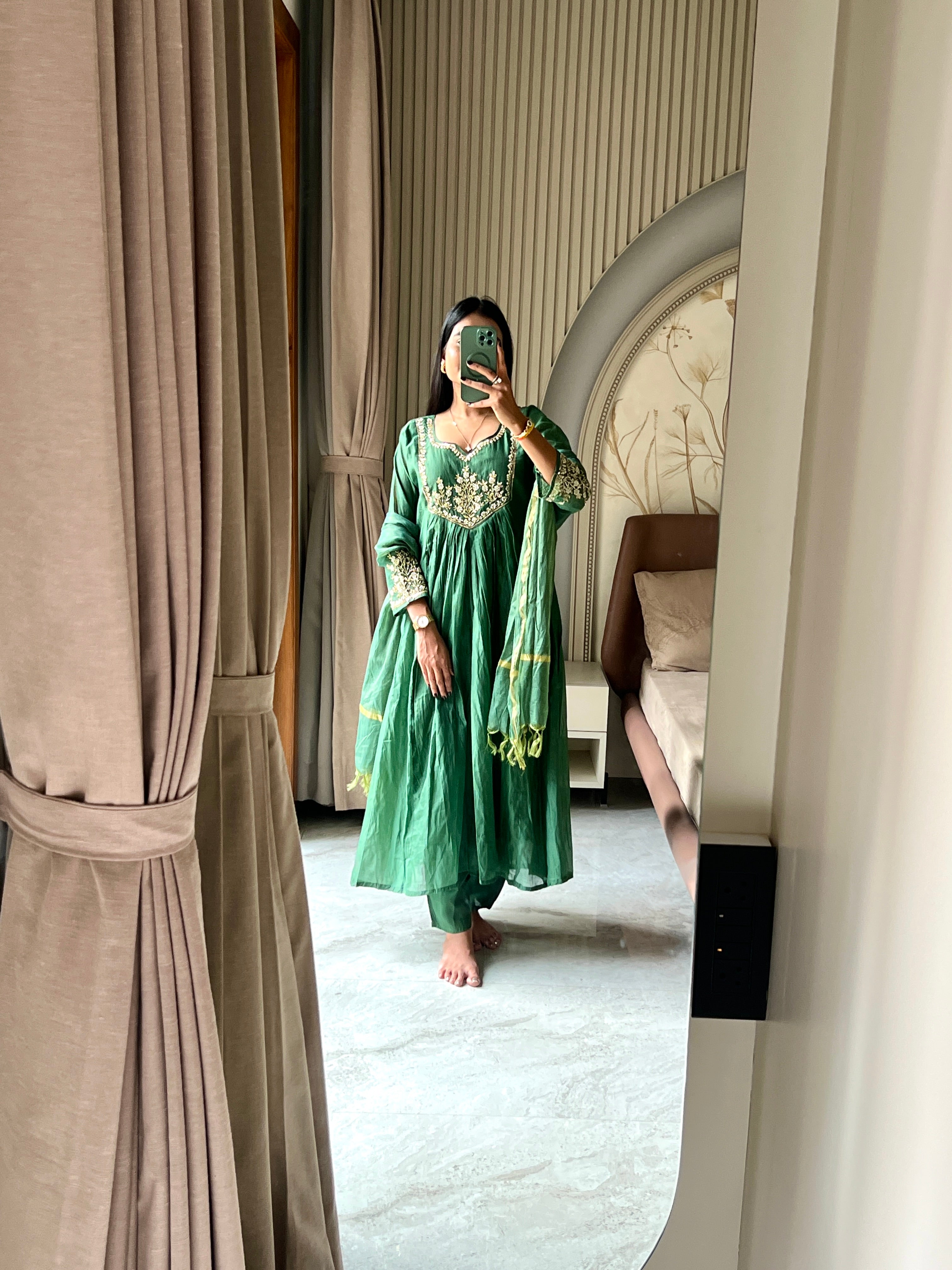 Chanderi green suit set with beautiful hand work