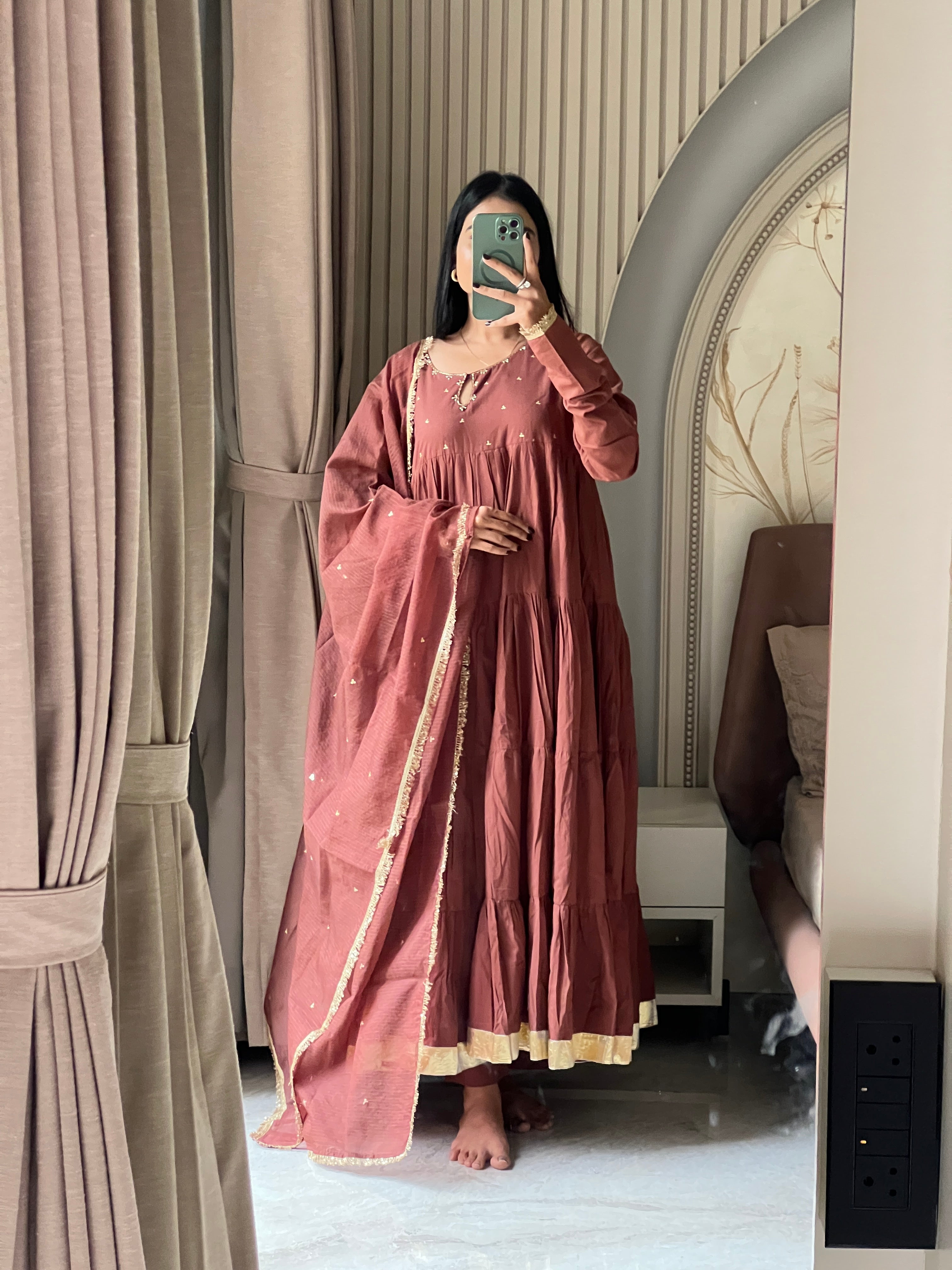 Brown full sleeves anarkali  set