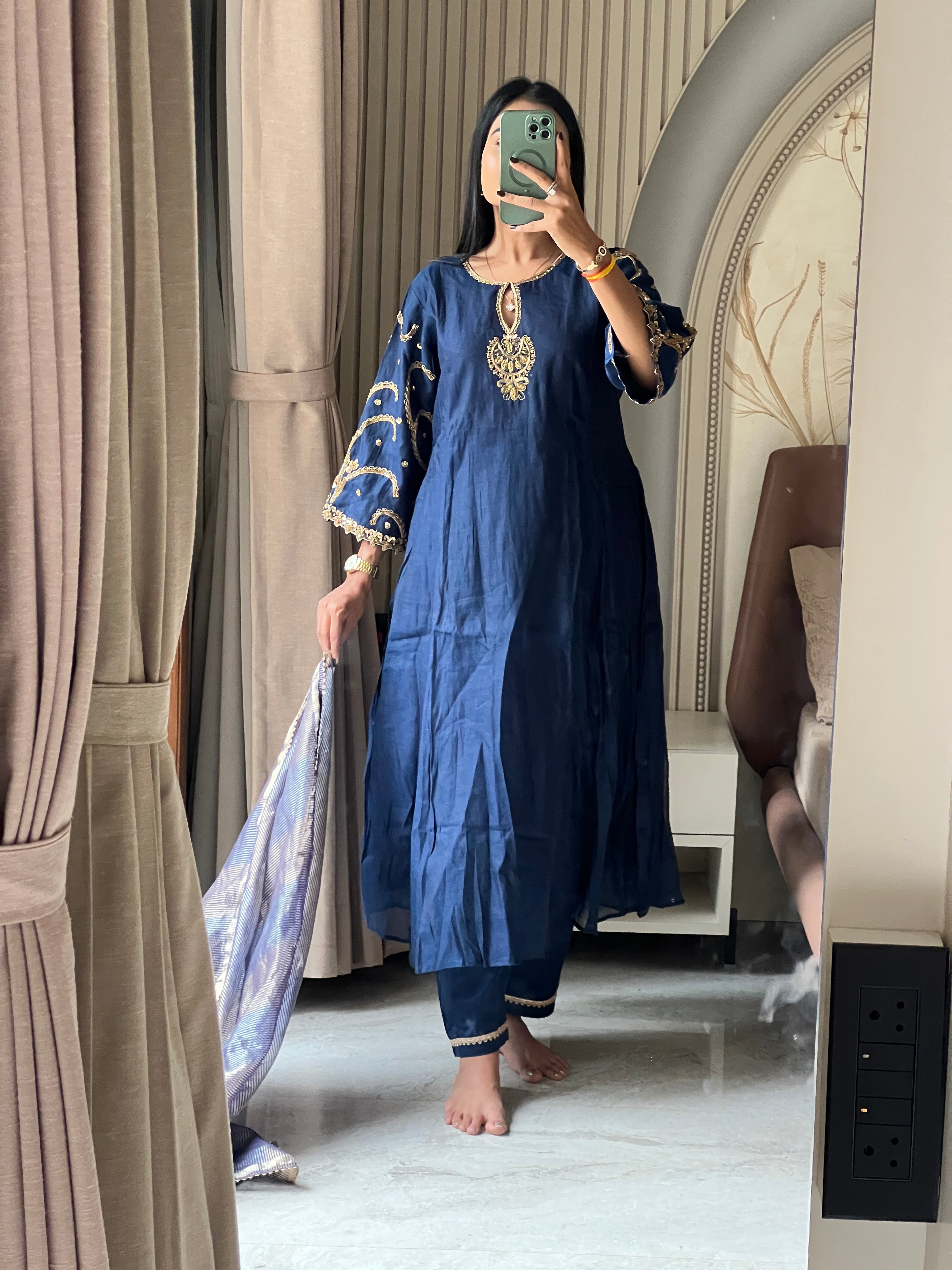 Blue jardosi work kurti set with striped dupatta