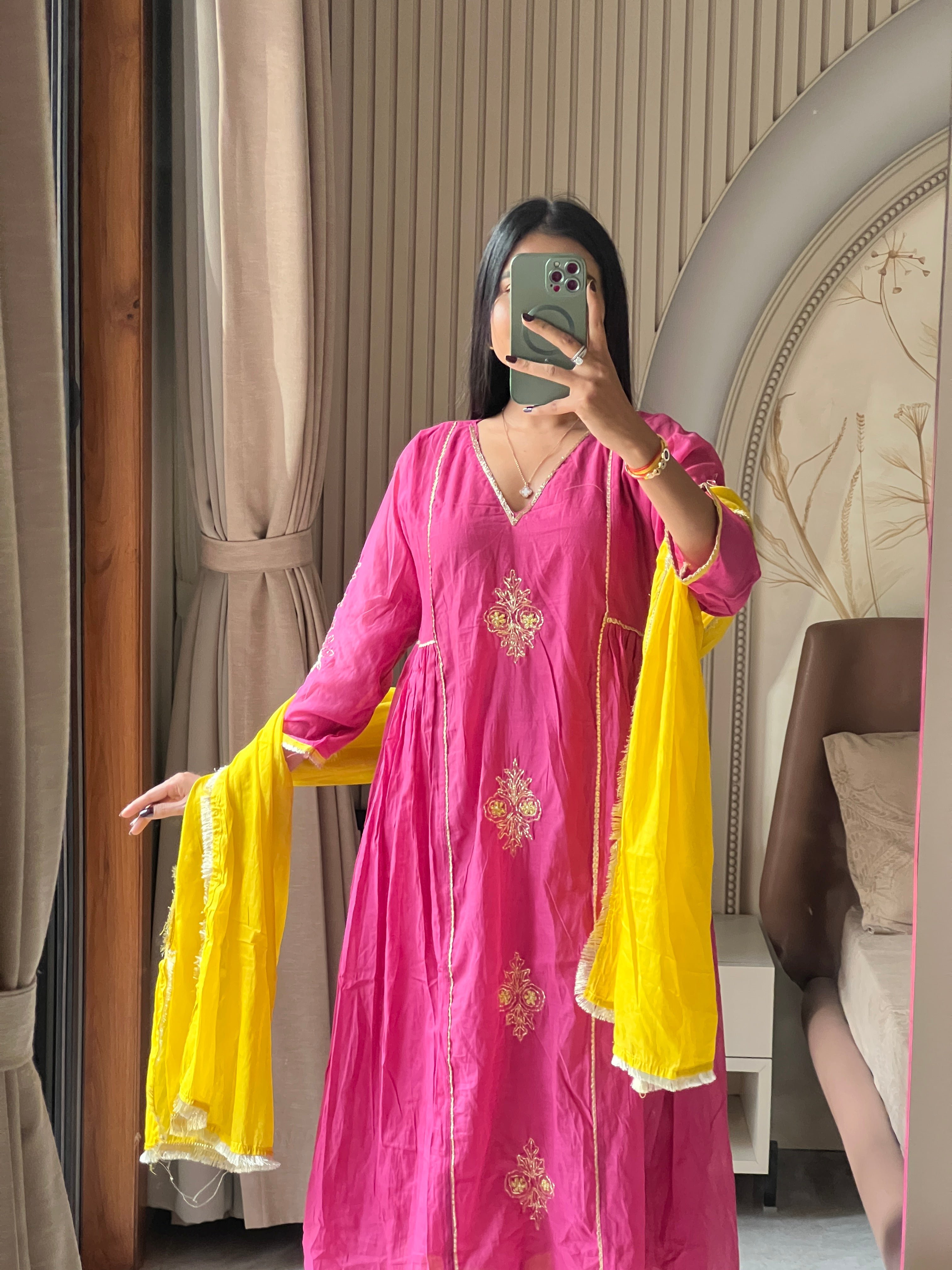 Chanderi suit set with contrast dupatta