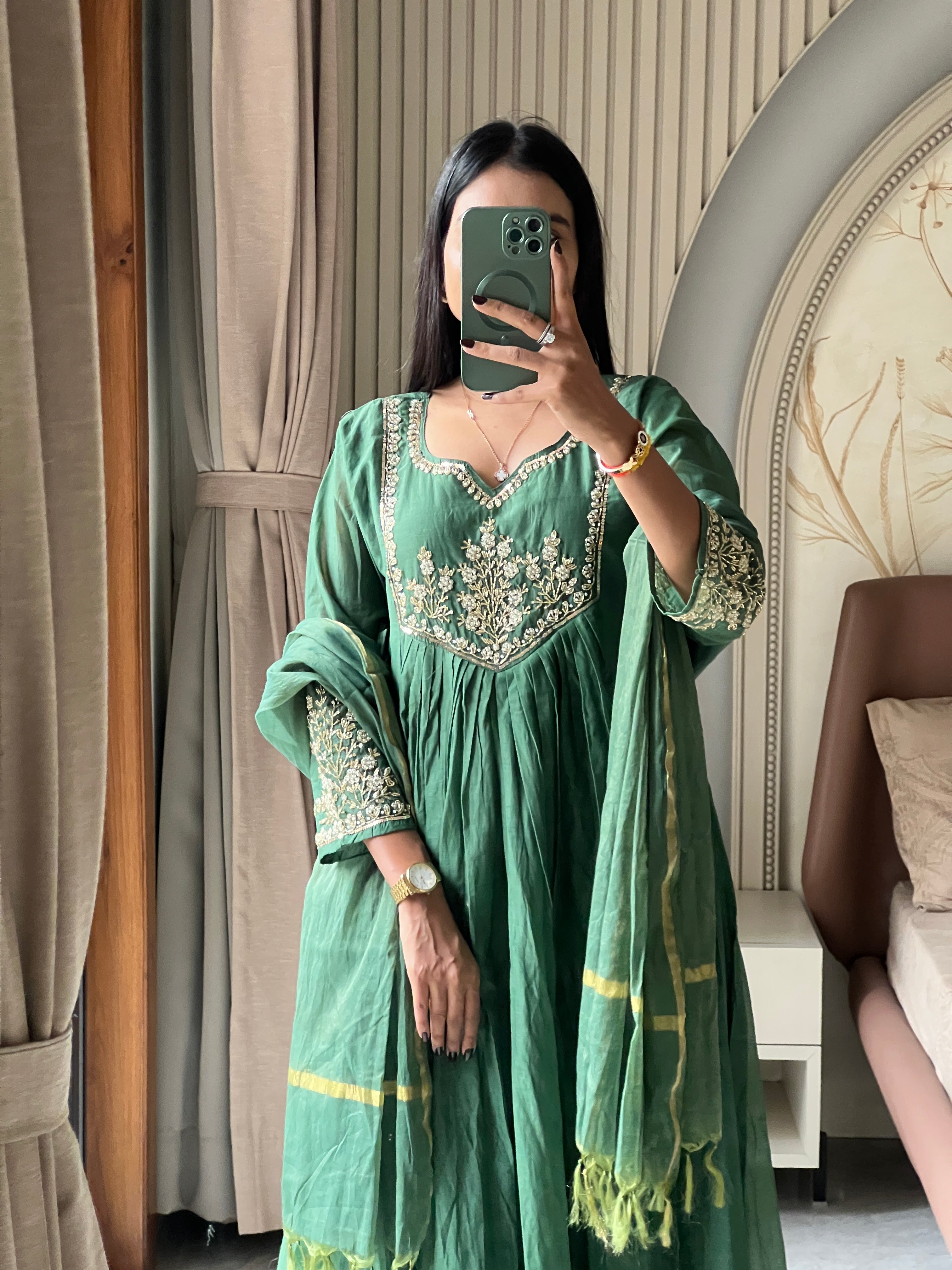 Chanderi green suit set with beautiful hand work