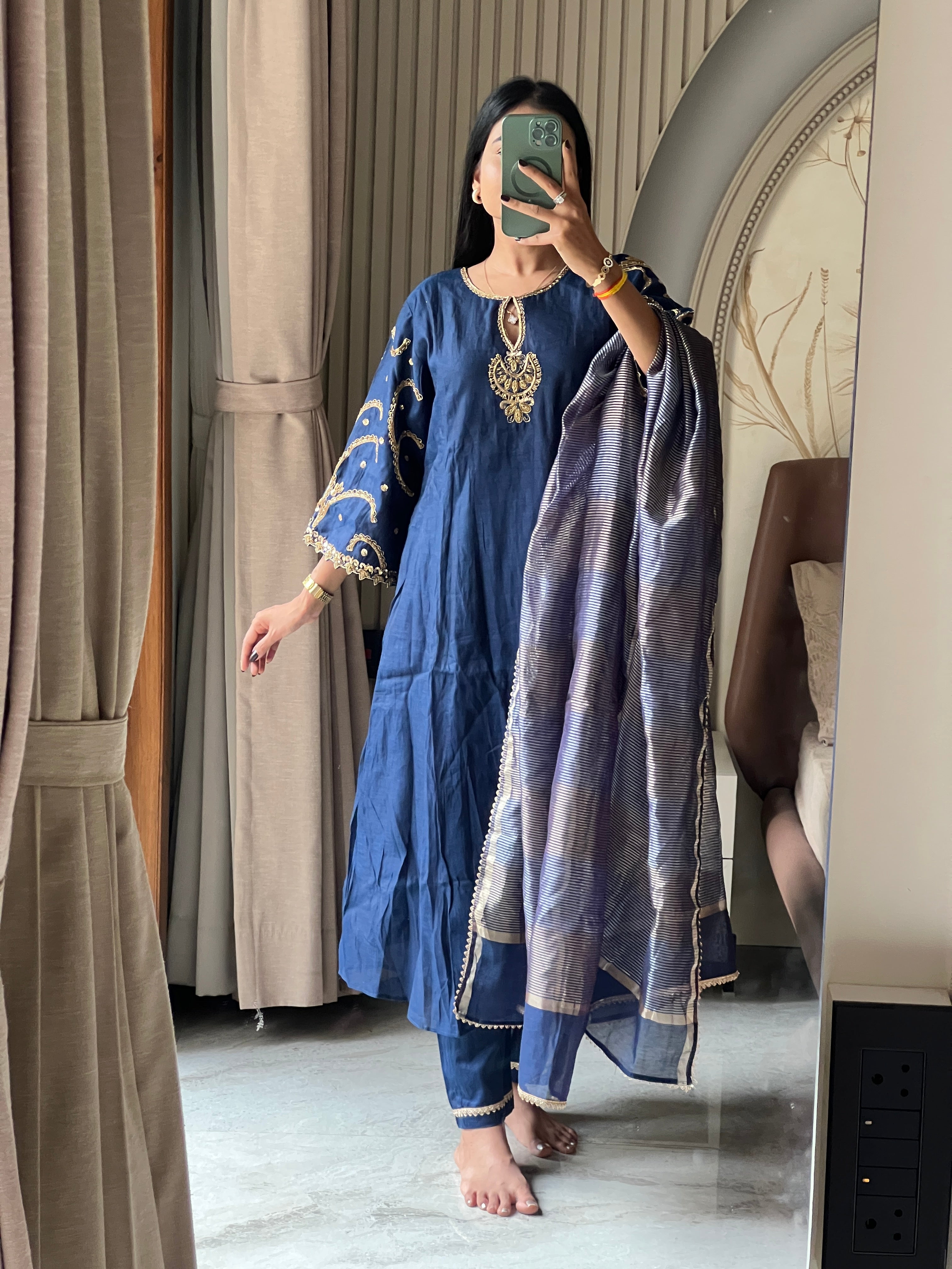 Blue jardosi work kurti set with striped dupatta
