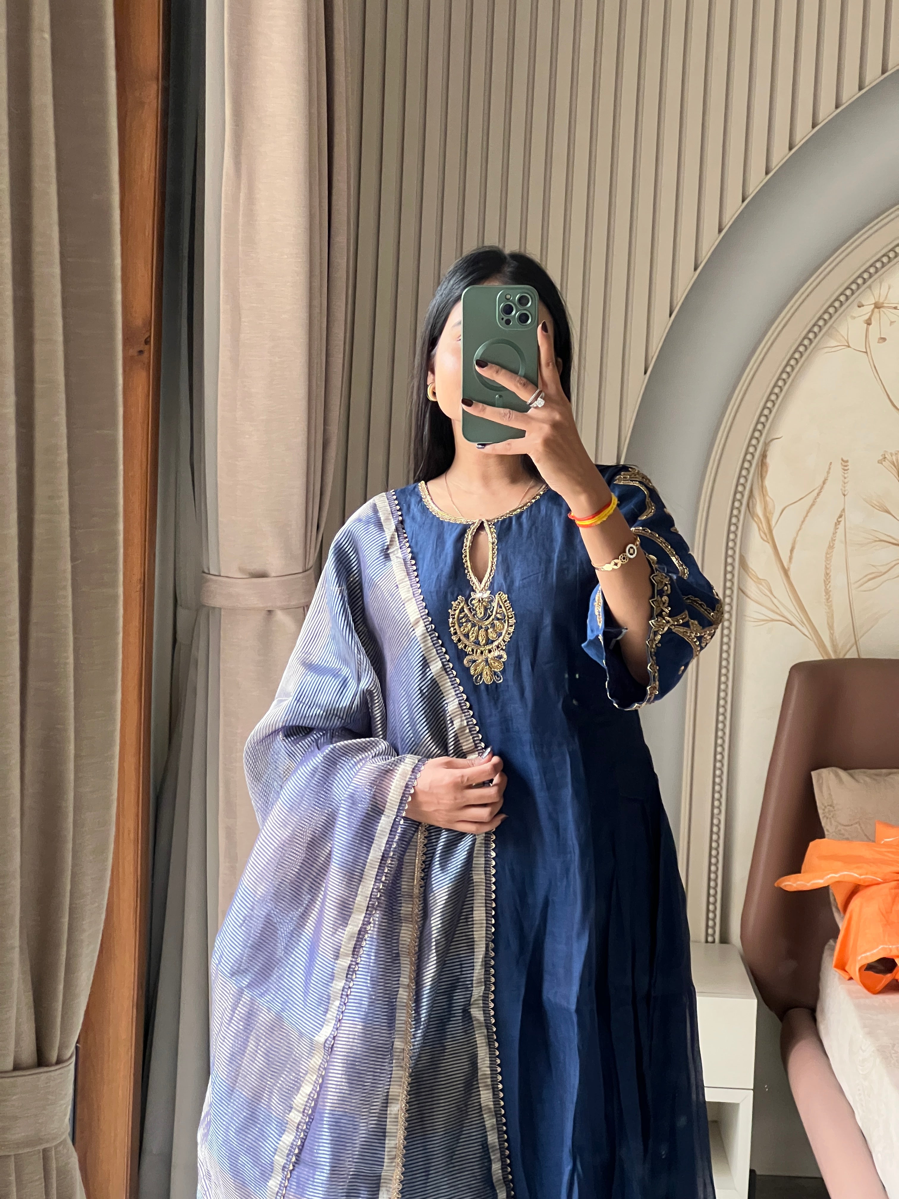 Blue jardosi work kurti set with striped dupatta