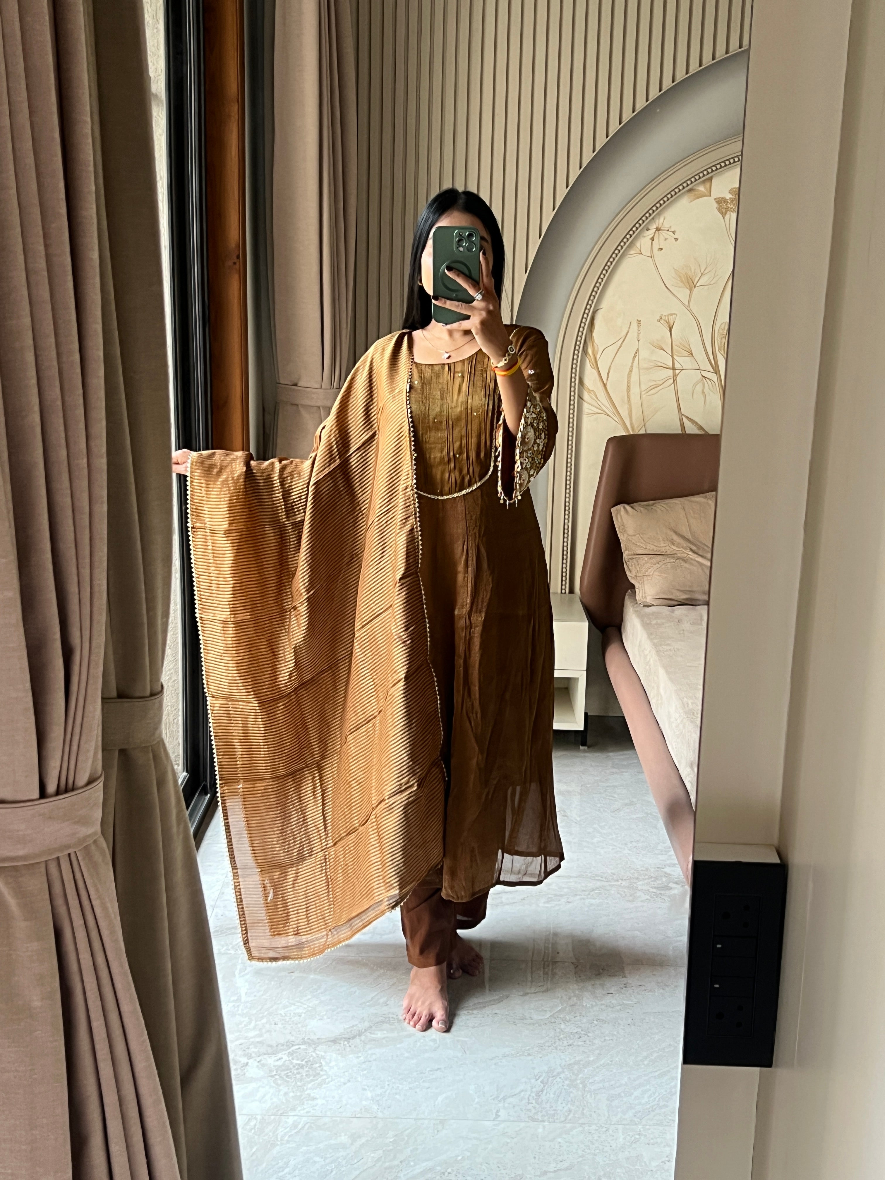 Copper metal sequence work kurti set